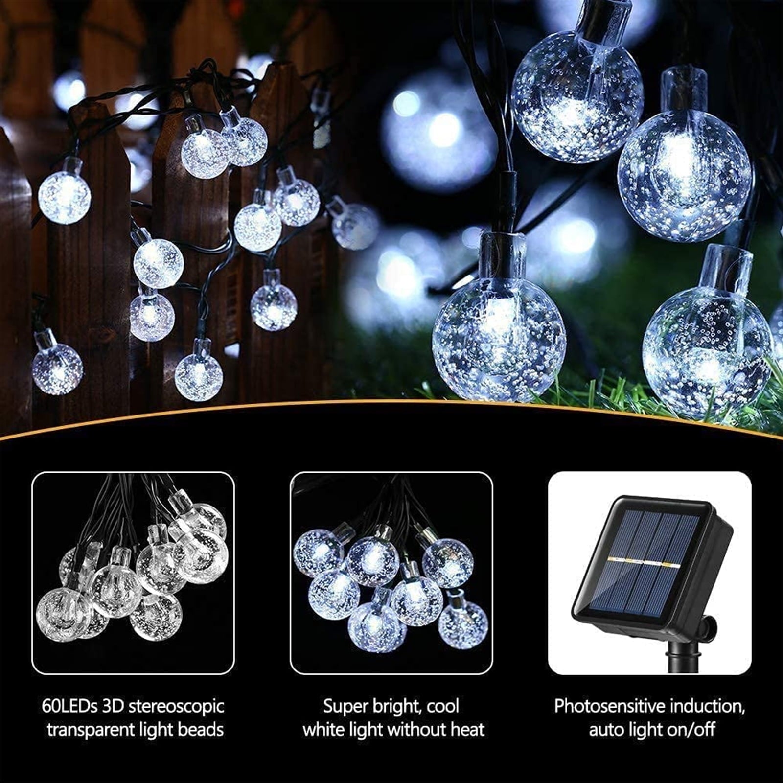 Toodour Solar String Lights Outdoor, 35.6ft 60 LED Waterproof Solar Powered Globe Patio Lights with 8 Modes for Garden Home Gazebo Yard Decorations (Warm White)