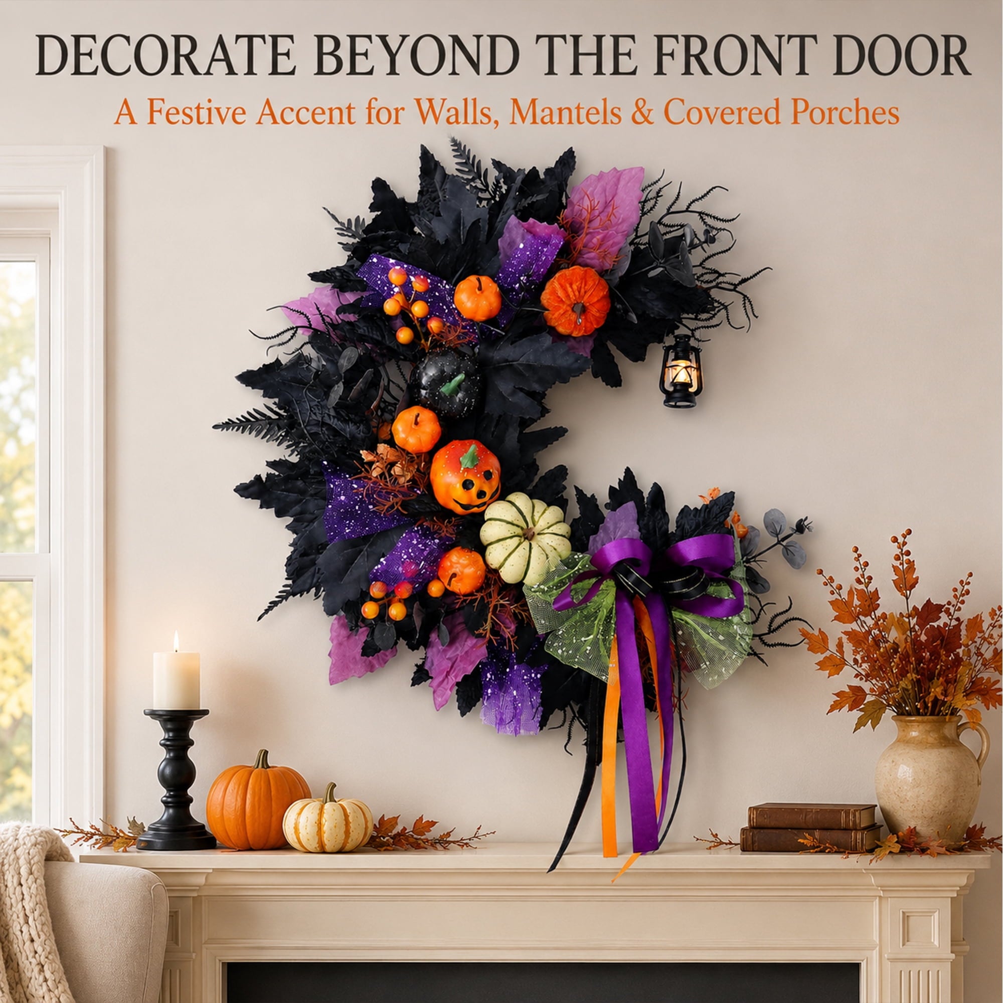 Halloween Wreath for Front Door, Crescent Wreath Moon, Black Gothic Spooky Outdoor Décor