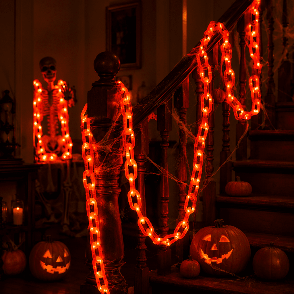 DAKIMOE Halloween Decoration Chain String Lights Orange Light Up Plastic Chain Decoration 10FT Long Glowing Link Chain for Haunted House Party Porch Yard Door Indoor Outdoor Halloween Decor