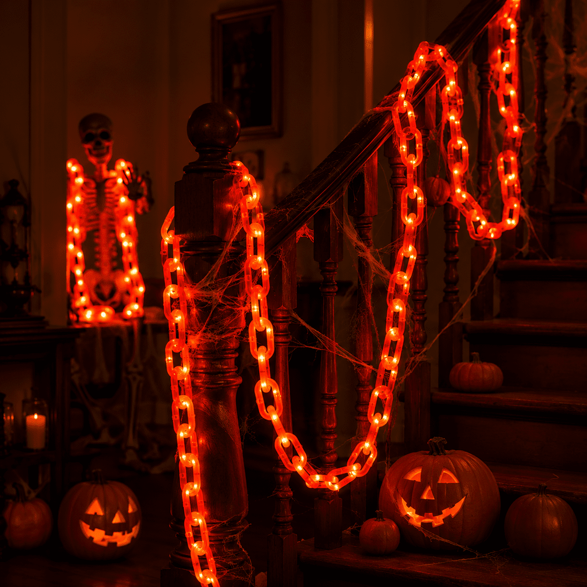 DAKIMOE Halloween Decoration Chain String Lights Orange Light Up Plastic Chain Decoration 10FT Long Glowing Link Chain for Haunted House Party Porch Yard Door Indoor Outdoor Halloween Decor