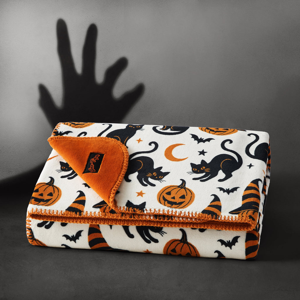 Boo-tique Halloween Plush Soft Oversized Couch Throw Blanket, Cats and Pumpkins, Orange, 50 x 72 in