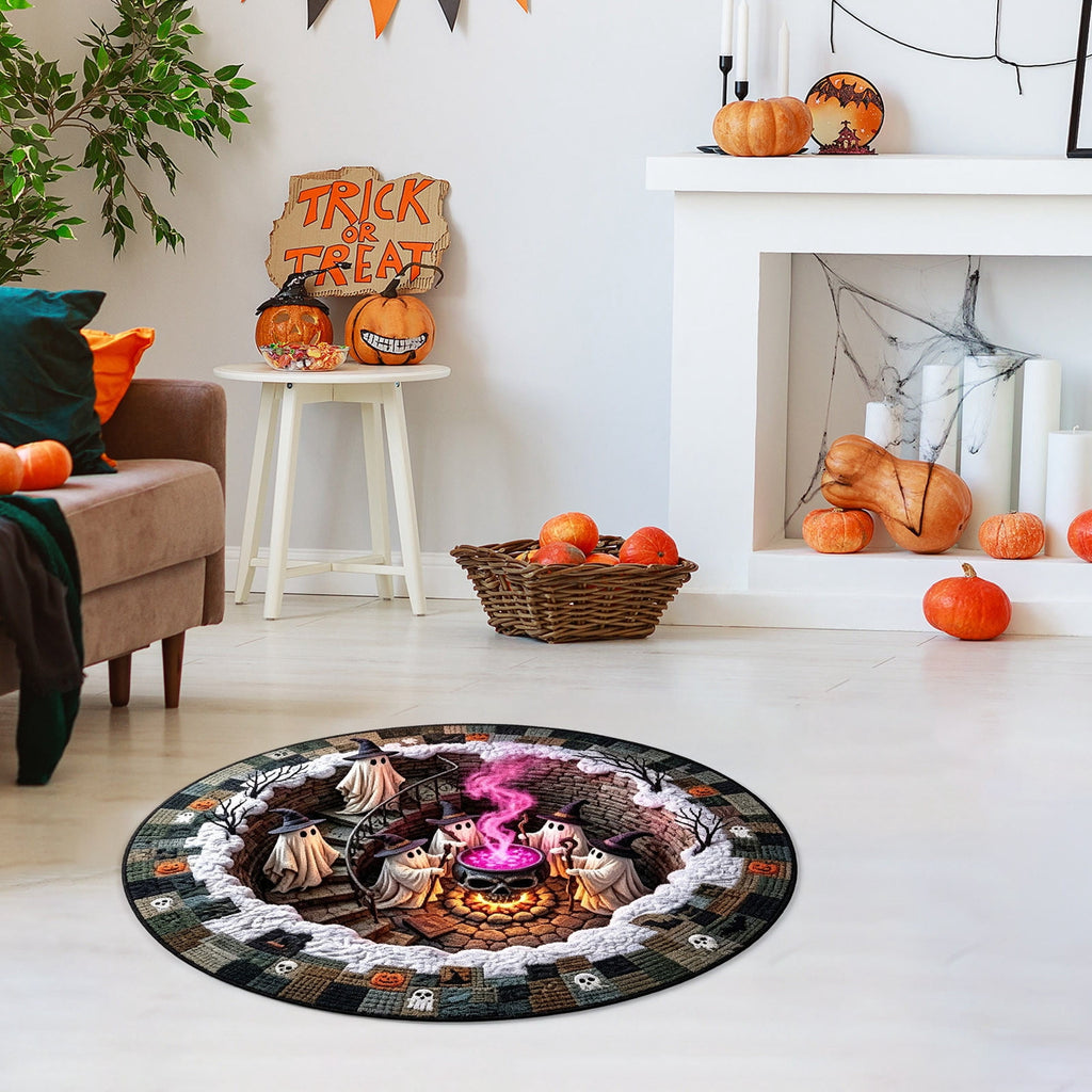 HHJZPR 3D Optical Illusion Halloween Round Rug, 23.6 Inch Spooky Pit Well Ghost Pumpkin Circular Floor Mat, Non Slip Halloween Indoor Front Door Decor Carpet