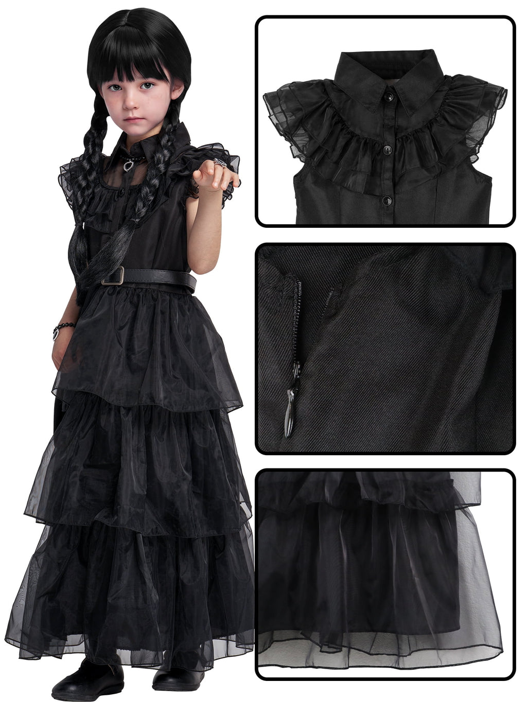 Girls Halloween Costume Fancy Dress with Wig Black for Kids Carnival Party 7-8 Years