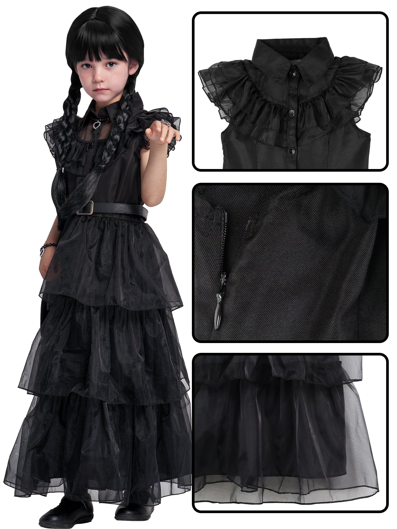 Girls Halloween Costume Fancy Dress with Wig Black for Kids Carnival Party 7-8 Years