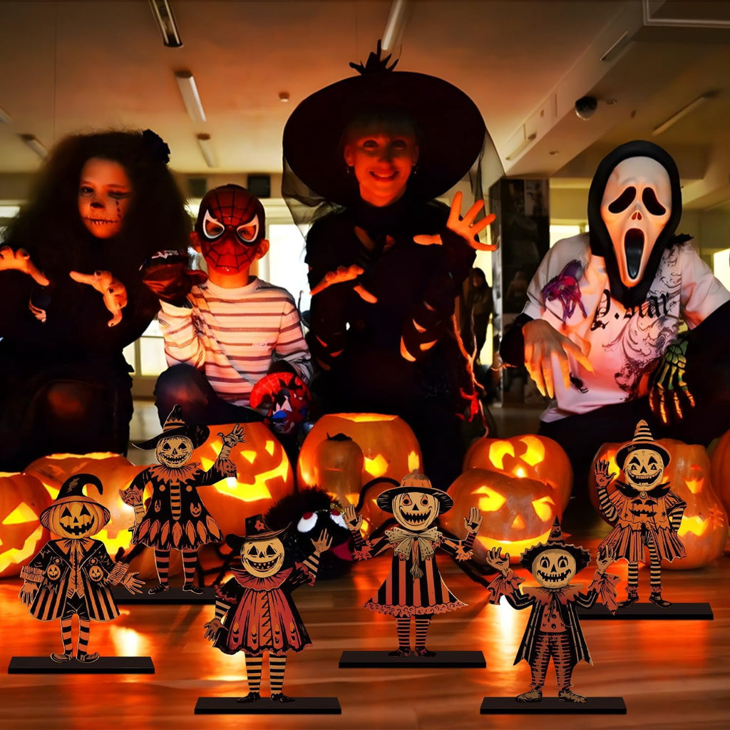 Lanfubeisi 6pcs 6.3x4.2inch Vintage Halloween Decor Wood Table Centerpieces Horror Spooky Scarecrow Pattern Vintage Halloween Decorations Party Table Centerpieces for Home