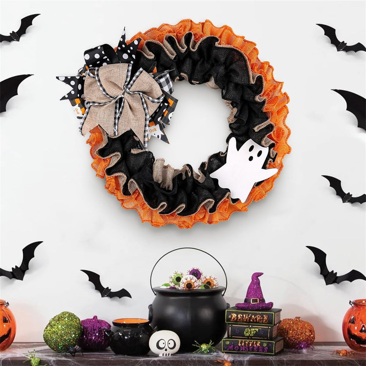 15" Halloween Boo Ghost Wreath for Front Door - Farmhouse Burlap Wreath with Bows, Indoor/Outdoor Decor for Home, Window & Party, Trick or Treat Welcome Sign