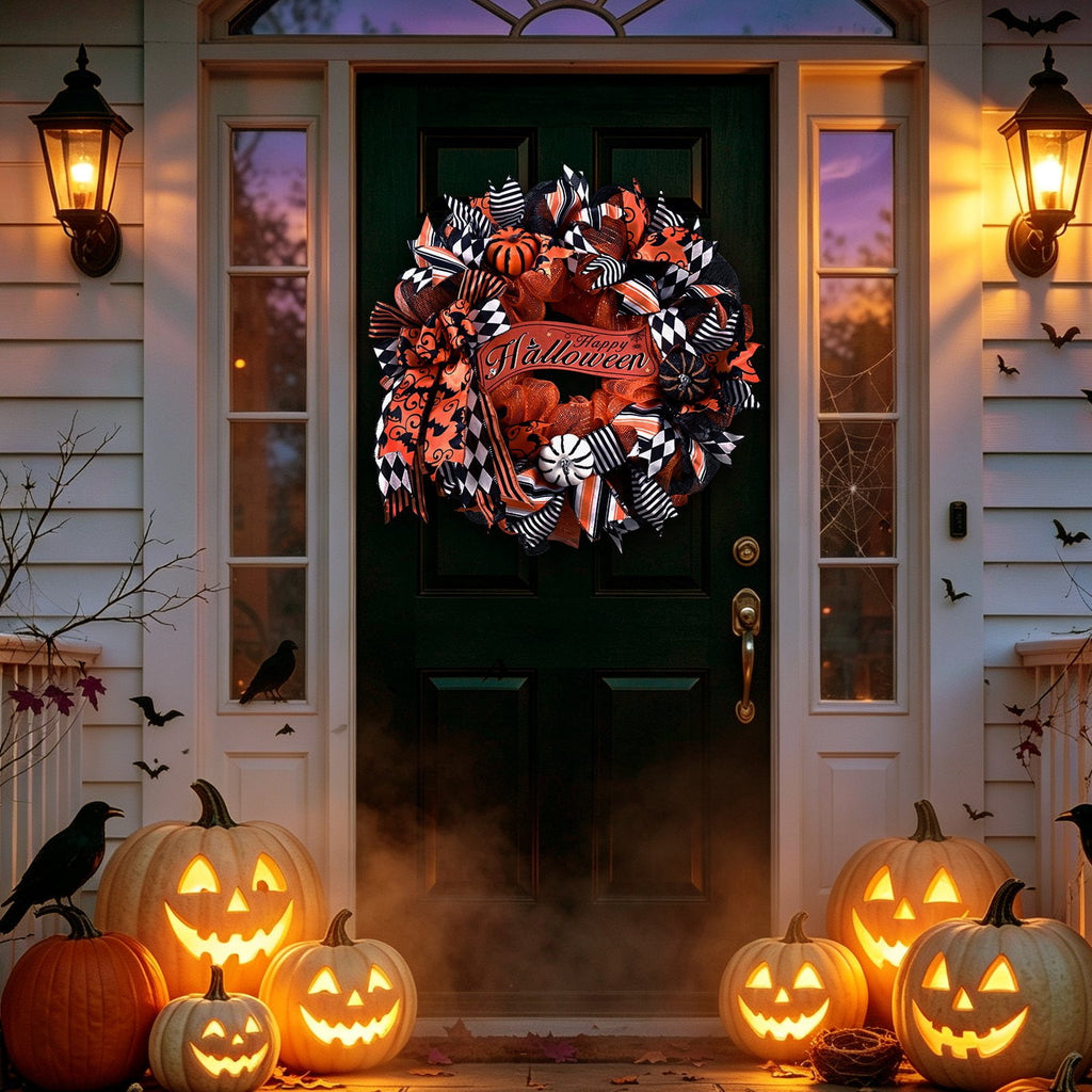 Yastouay 20" Halloween Wreath for Front Door Orange Black Mesh Wreath with Pumpkins "Happy Halloween" Fall Harvest Decor for Party