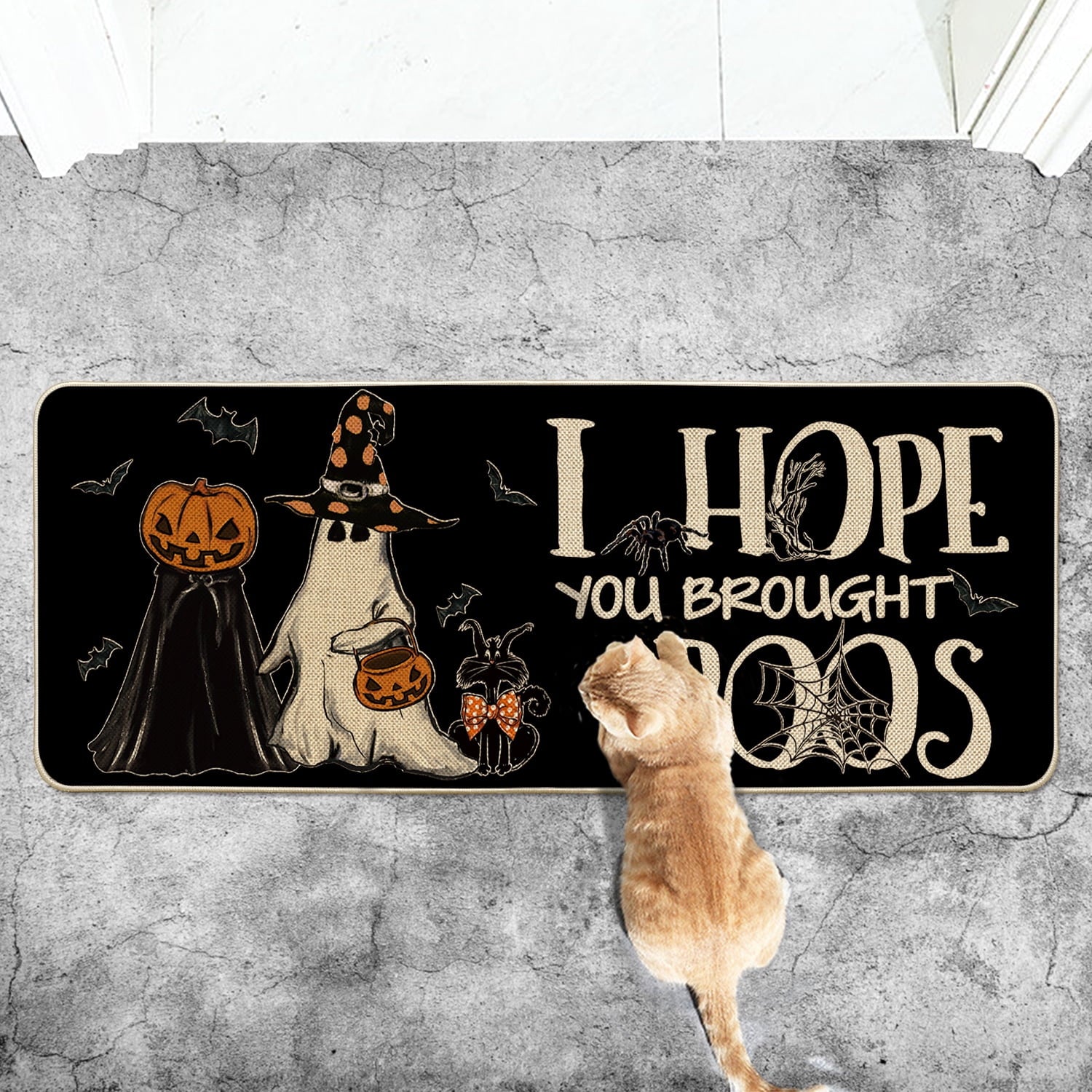 Sm:)e Polka Dot Black Cat, Jack-O'-Lantern, Ghost Halloween Welcome Doormat, 17x29 Inch