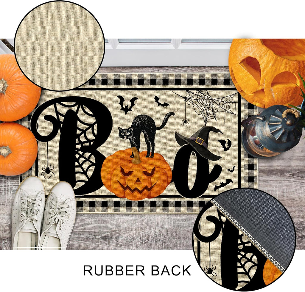 NIETEIN Halloween Door Mat Pumpkin Cat Gnomes Non-Slip Washable 31.5x19.7 Inch (Black Cat Pumpkin Bat)