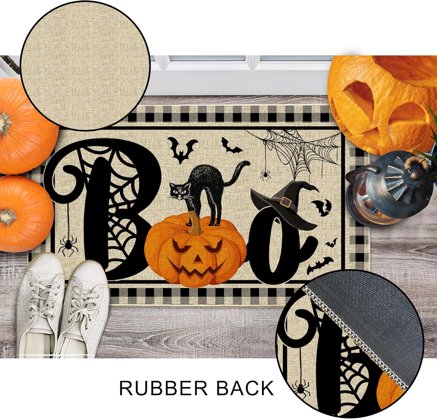 NIETEIN Halloween Door Mat Pumpkin Cat Gnomes Non-Slip Washable 31.5x19.7 Inch (Black Cat Pumpkin Bat)