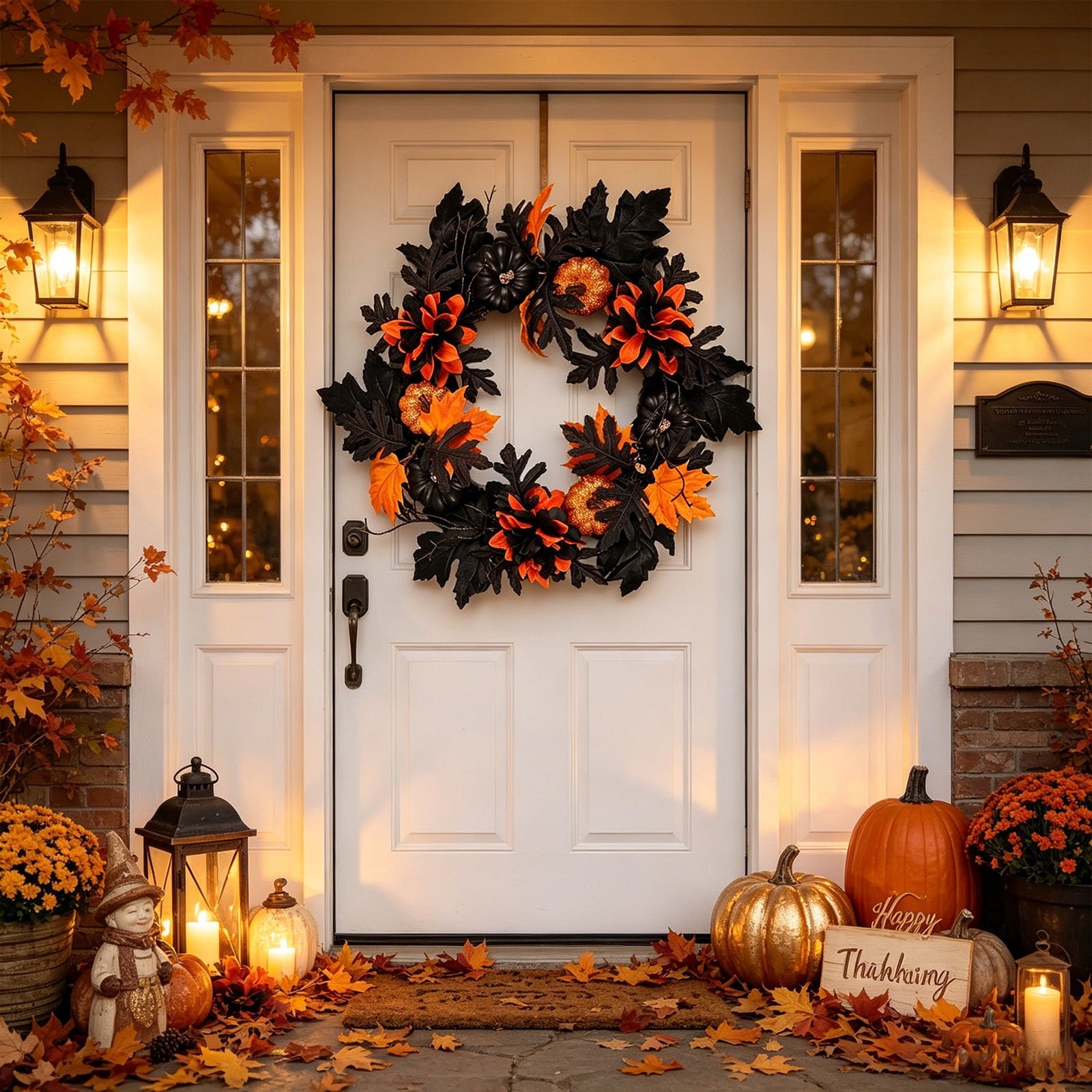 18 Inch Black Orange Pumpkin Peony Halloween Wreath, Artificial Maple Leaf Front Door Wreath, Weatherproof Fall Harvest Ornament for Indoor Outdoor Halloween Decorations Thanksgiving Porch Wall Decor
