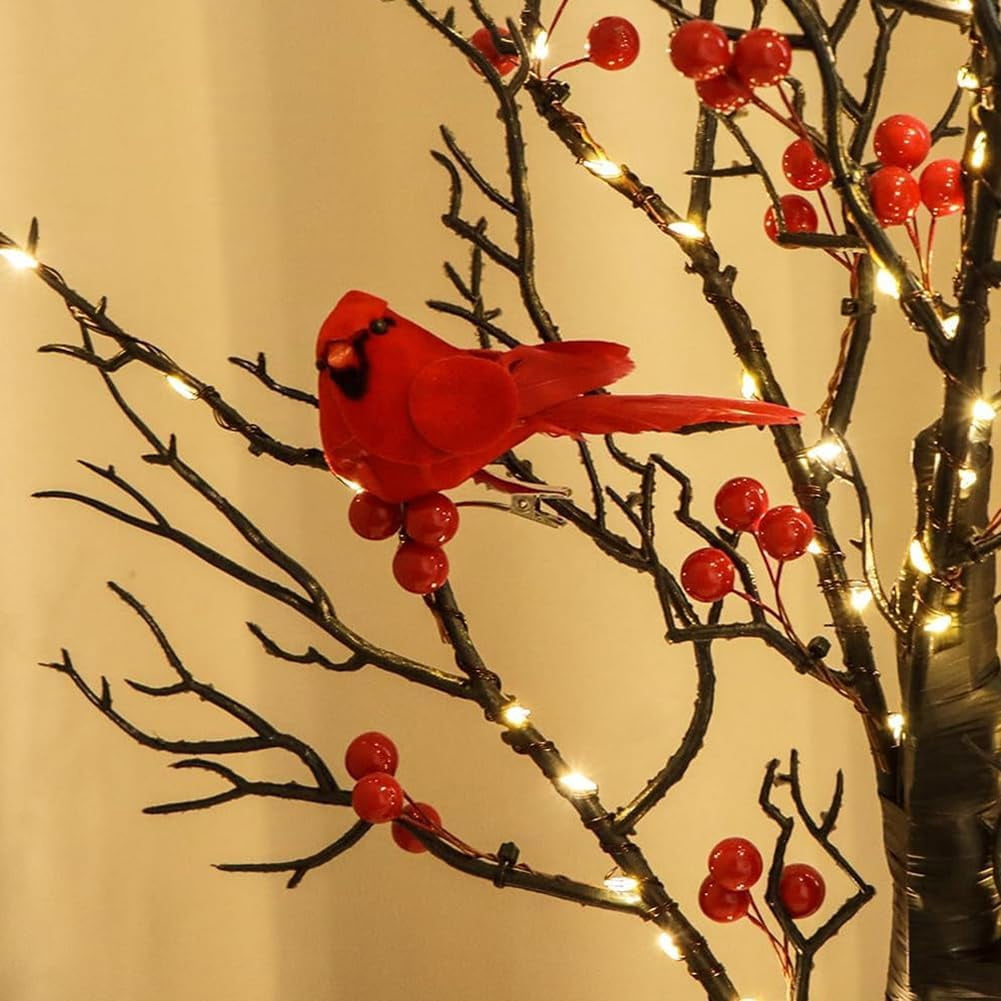Vintage Glowing Cardinal Tree with Berries, Moving Cardinals Tree with LED Lights, Little Red Bird Trees Light, for Christmas, Halloween Tabletop Indoor Office Decorations