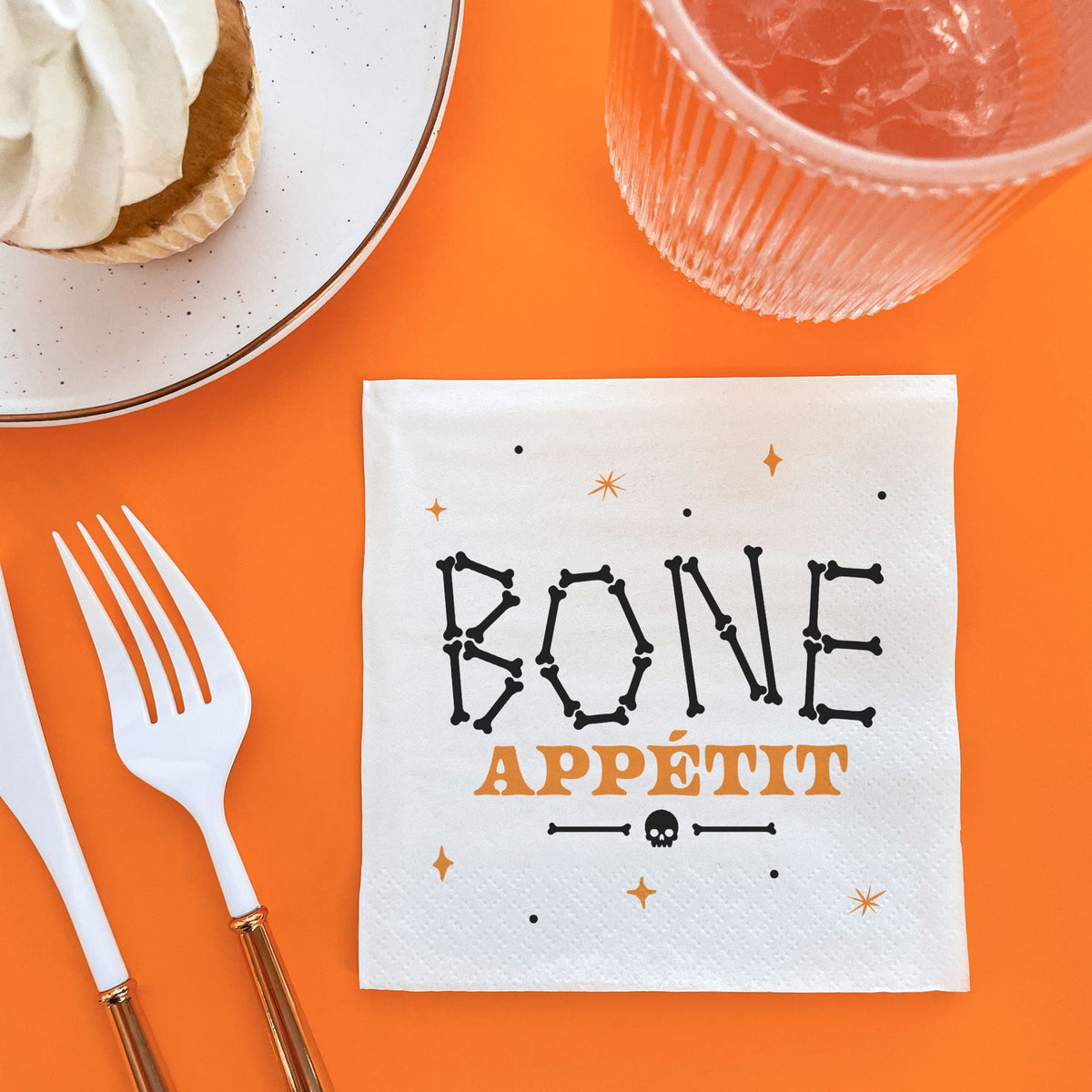 Big Dot of Happiness Bone Appetit Party Napkins, Skeleton Halloween Party Decor, White 3-Ply Paper Beverage Napkins - 24 Count