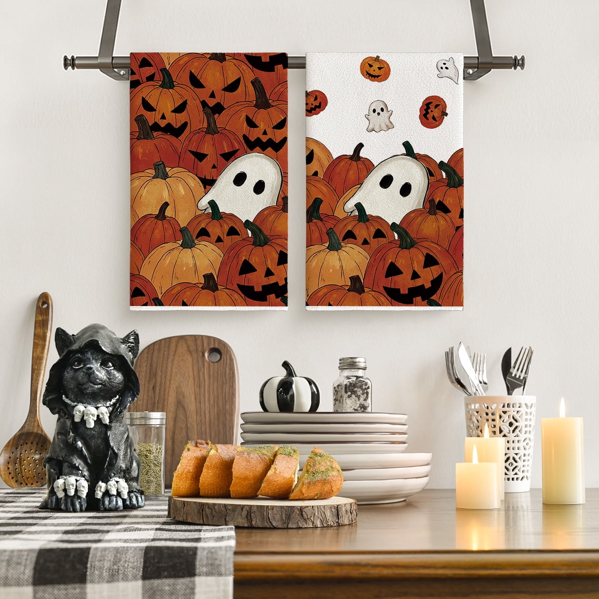 Sm:)e Ghost Pumpkins Bats Floral Spooky Halloween Kitchen Towels Dish Towels, 18x26 Inch Jack-O'-Lantern Decoration Hand Towels Set of 2