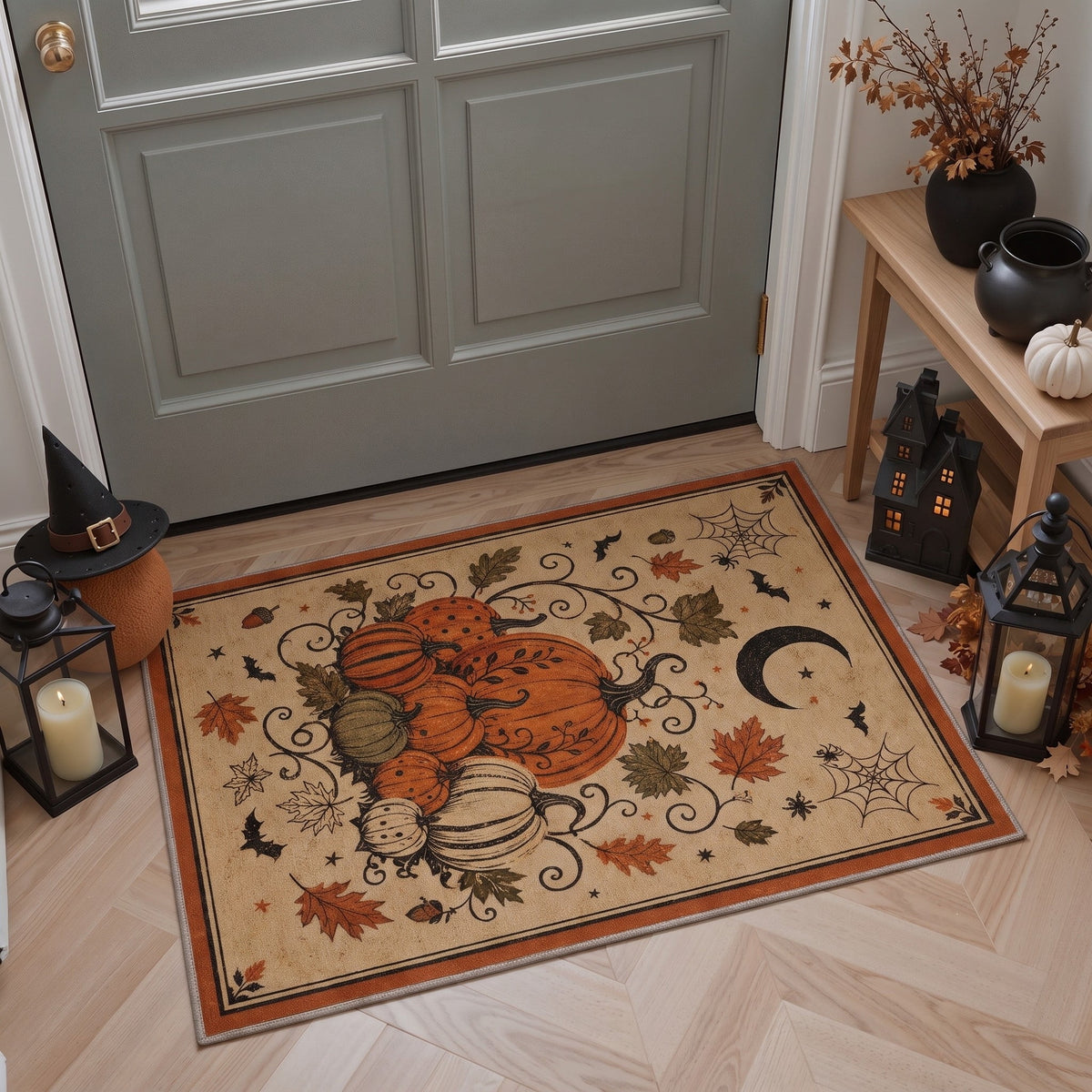 GENIMO 2'x7' Halloween Runner Rug, Washable Non Slip Soft Farmhouse Pumpkin Indoor Outdoor Hallway Runner for Porch Patio Kitchen Entryway, Vintage Sepia