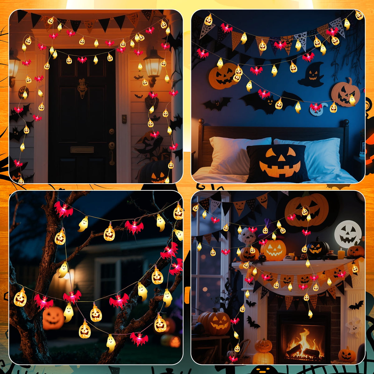 Qoosea Halloween Pumpkin String Lights, 20 LED 10.5ft 8 Modes Waterproof Orange Halloween Decorations Outdoor Indoor Bedroom Camper Party Decor