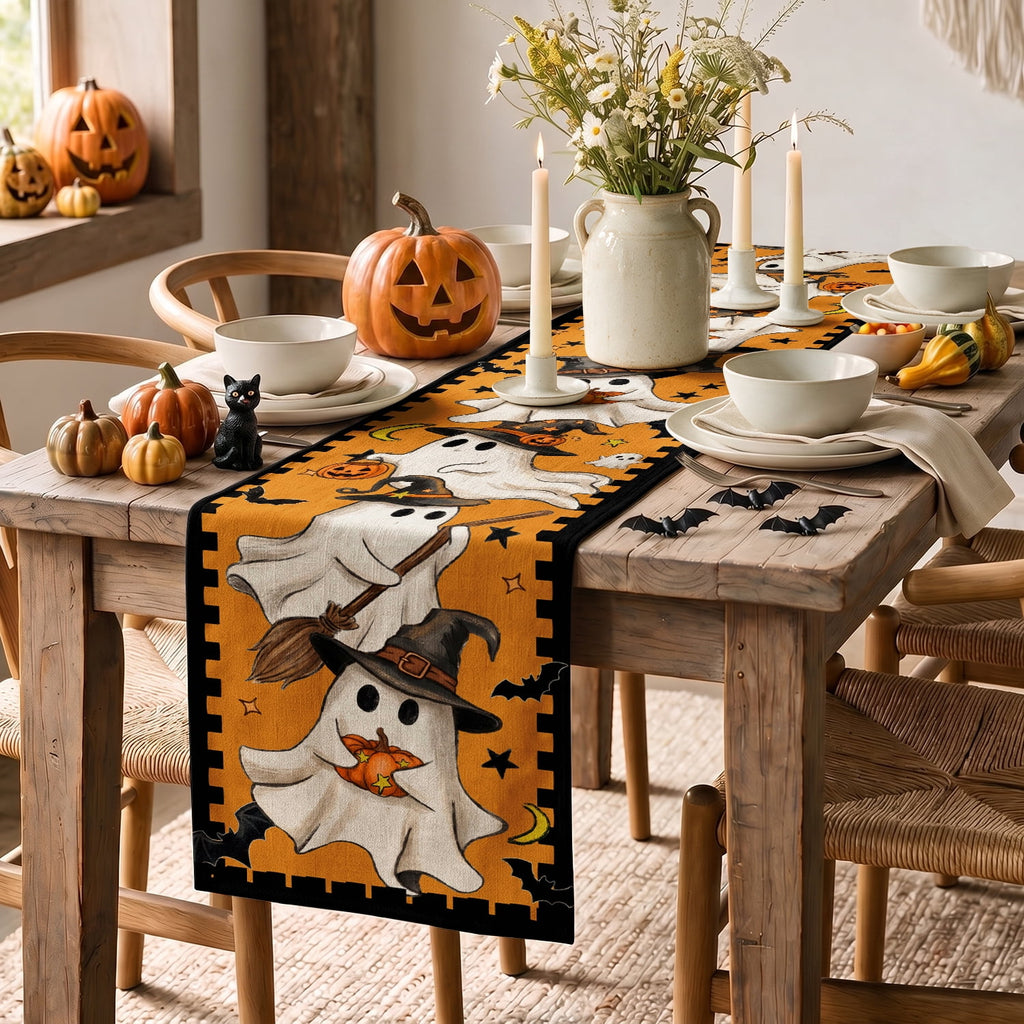 Sm:)e Halloween Table Runner Ghost Pumpkin 13x72 Inch, Halloween Party Kitchen Dining Indoor Outdoor Decorations,Orange