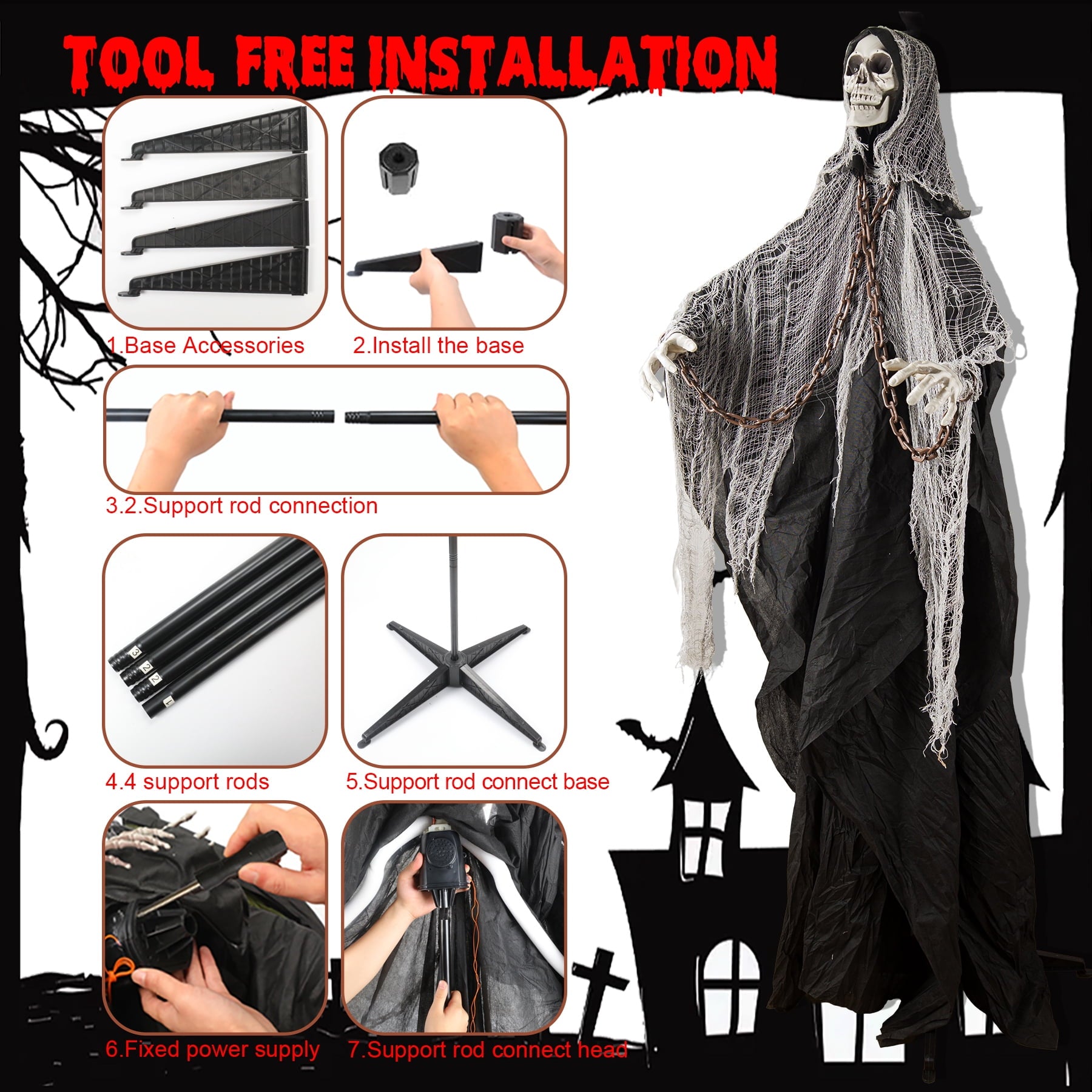 Magotan 6ft Halloween Outdoor Skeleton Ghost Decorations, Sound Controlled Swinging Scary Skeleton Ghost Halloween Decoration for Outdoor Garden Porch Yard Decor,Red