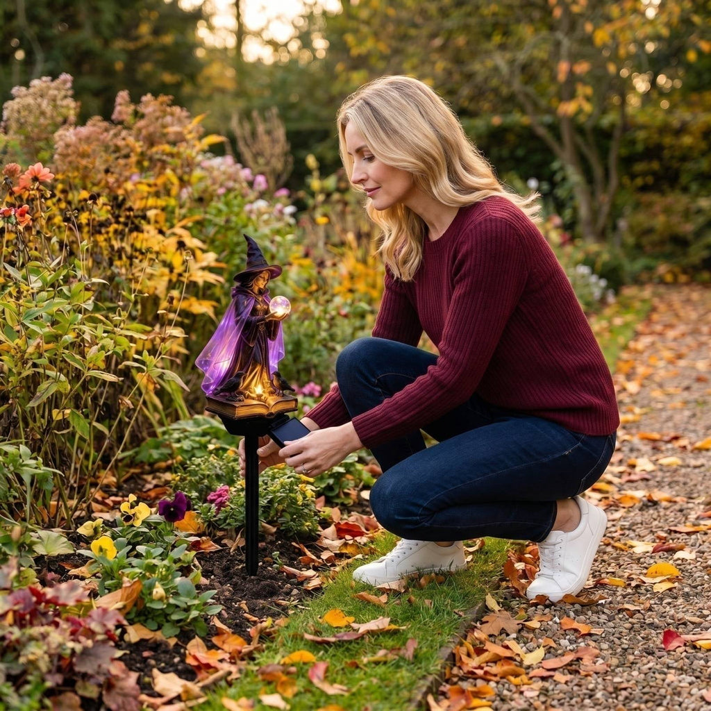 Halloween Witch Cauldron Garden Light, Solar Powered Halloween Projector Outdoor Decoration with Flying Witch and Lighted Cauldron, Witch Light Stake for Lawn Garden Porch Yard Decor, Style D
