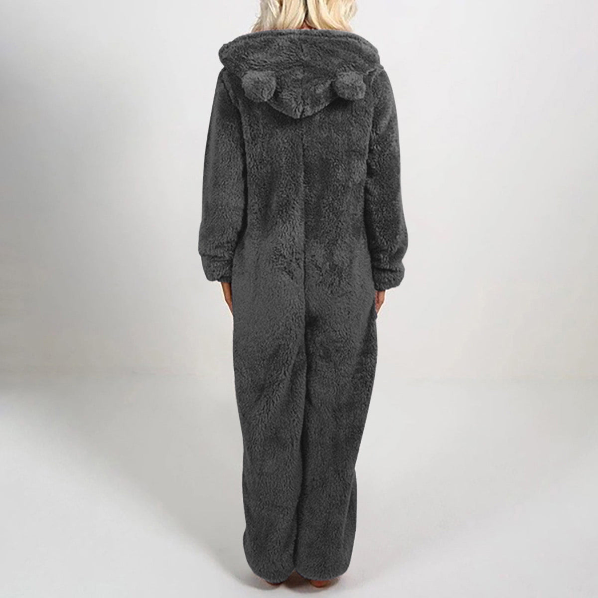 QATAINLAV Sherpa Fleece Jumpsuit for Women Winter Warm Fuzzy Onesie Pajamas Cute Cat Hooded Romper Casual Zip Up Overalls Sleepwear Black XL
