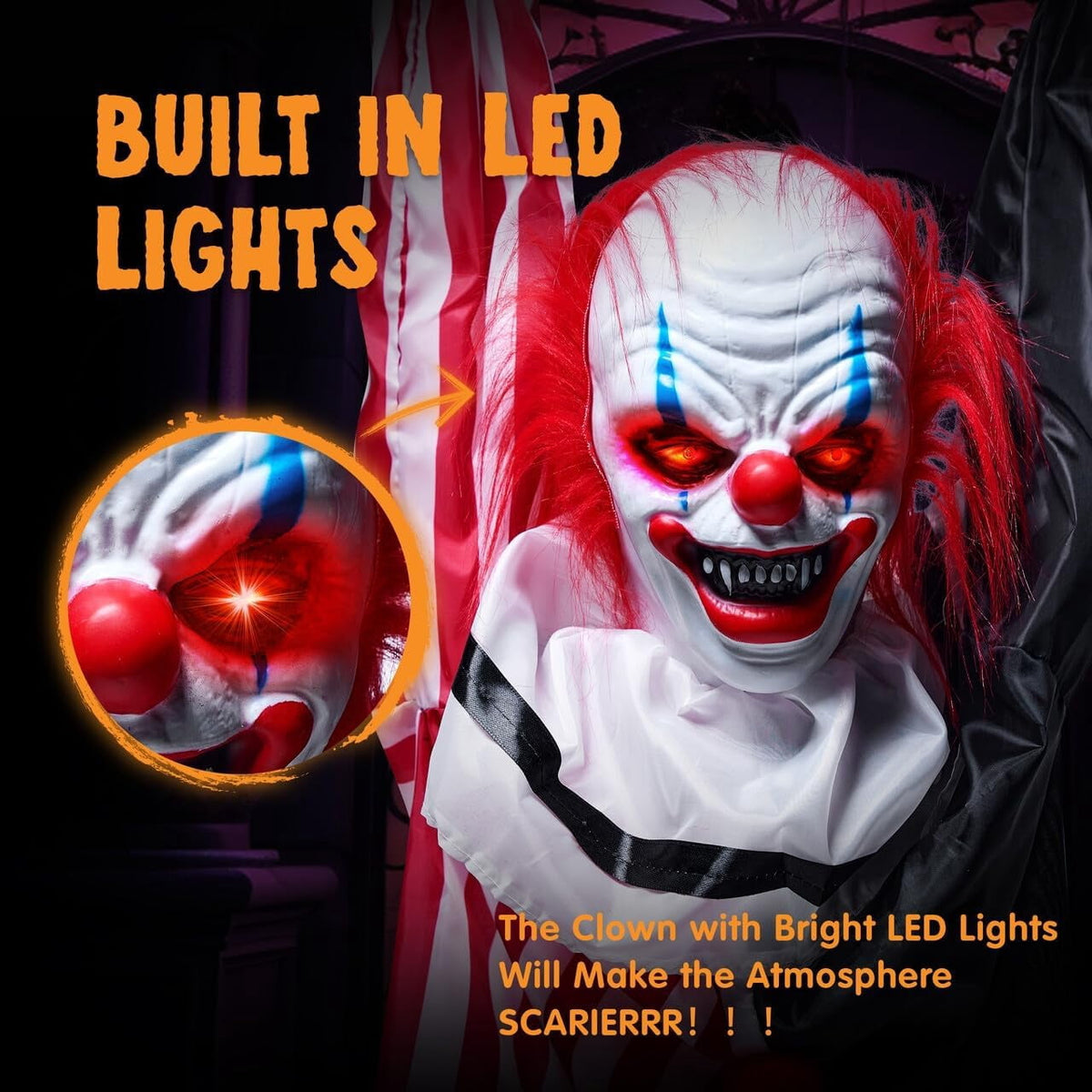 Joyfy 65" Halloween Hanging Scary Clown Decorations with Chain, with LED Lights Talking Animatronics Decor Outdoor Indoor for Haunted House Lawn Yard Patio