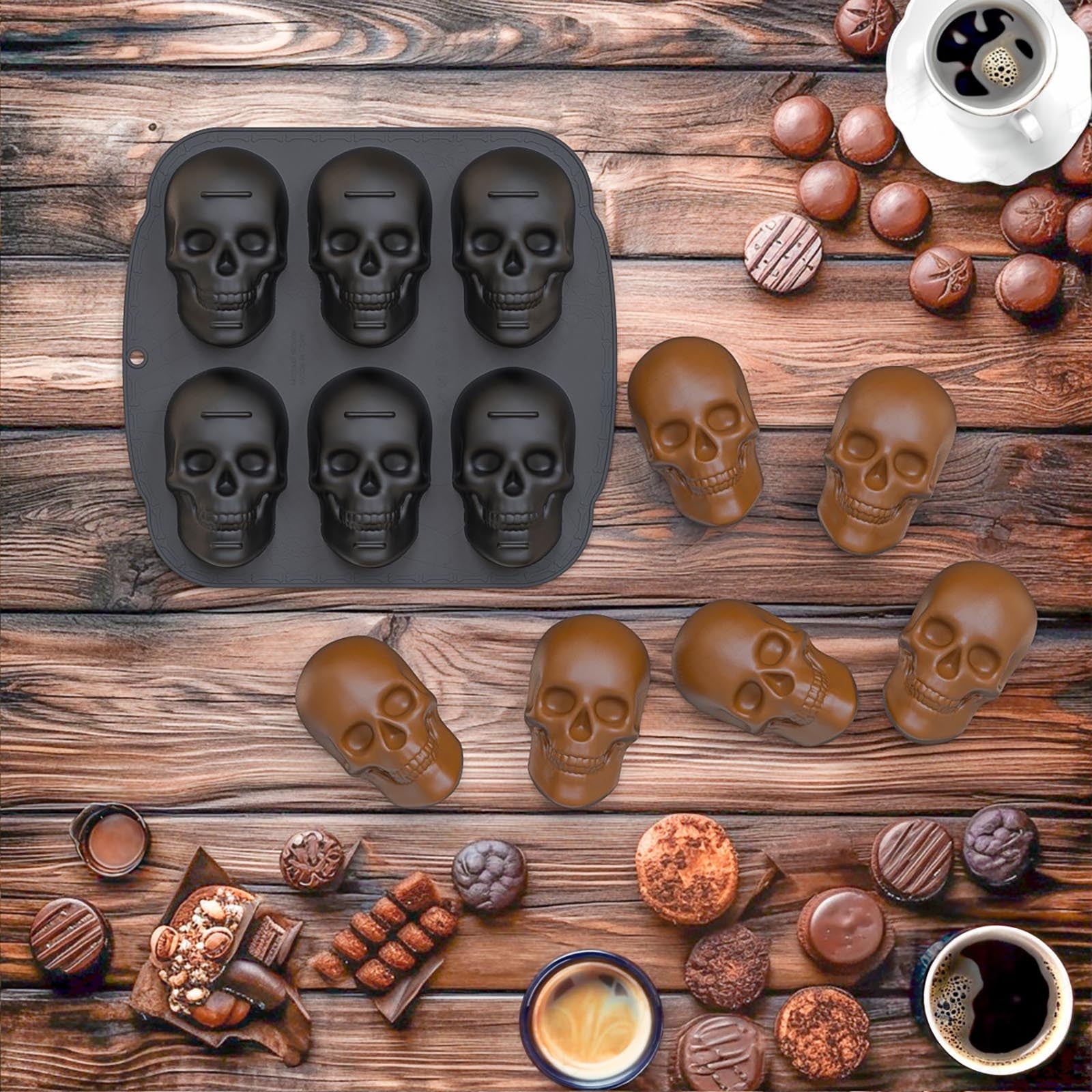 Halloween 6-Cavity Skull Silicone Cake Mold, Nonstick Skull Baking Pan for Mini Cakes, Chocolate, Pudding, Jello & Soap, BPA-Free Food Grade, Dishwasher Safe