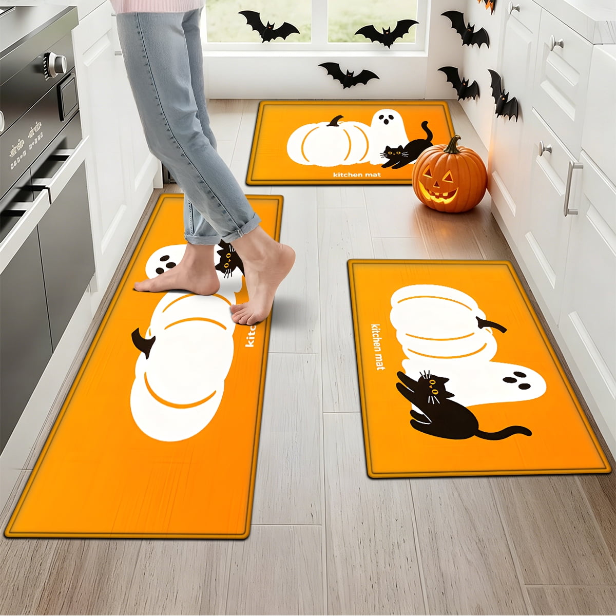 YIMEIS Halloween White Pumpkin Multi-purpose 3-Piece Flannel Mat and Kitchen Rugs,Soft Non-slip for Home Bedroom Bathroom