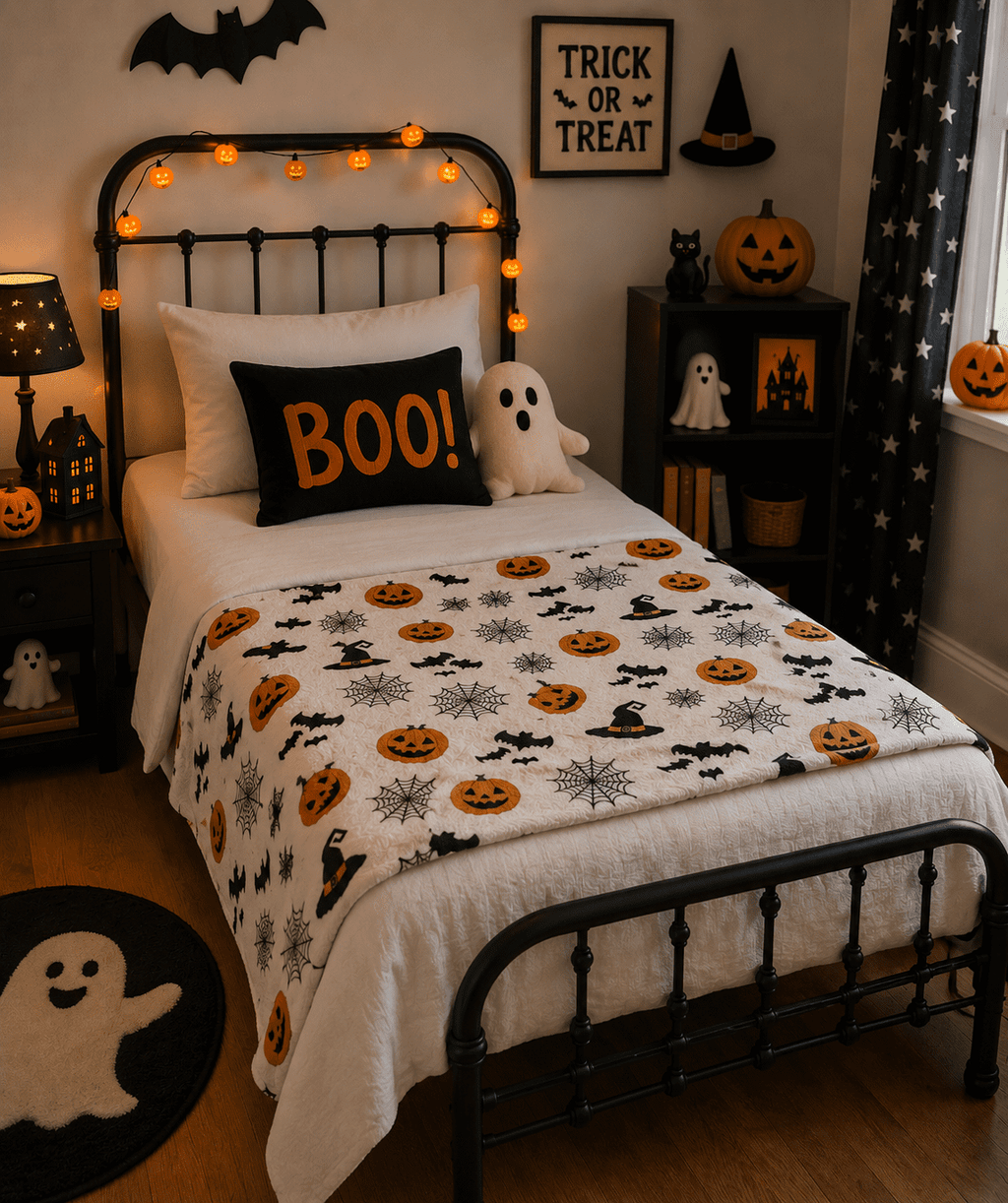 Serafina Home Halloween Throw Blanket: Fuzzy Boo! Jack O'Lantern Spider Webs Skull and Black Cats Print on Velvet Fleece for Sofa Bed Couch Chair Dorm