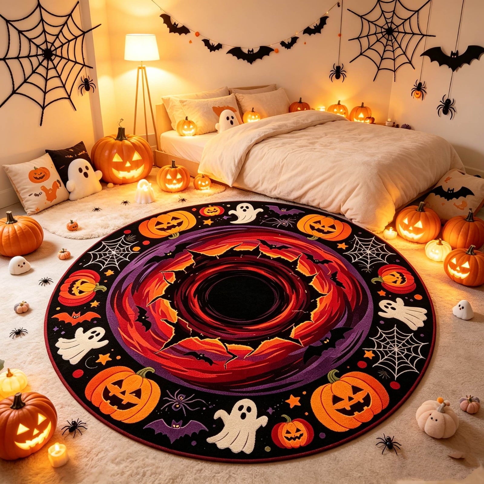 Halloween Round Rug Optical Ghost Pumpkin Mat 15.75in Diameter Polyester Skidproof & Soft for Entryway Bedroom Party by MPOISVA