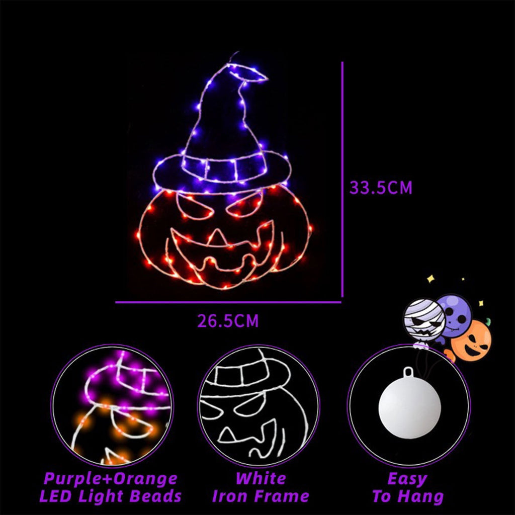 Btomtd Halloween Thanksgiving Window Light Iron Forged Hat and Pumpkin Shape Decorative Light with 8 Modes Remote Control Glowing Indoor Outdoor Holiday Decor, White