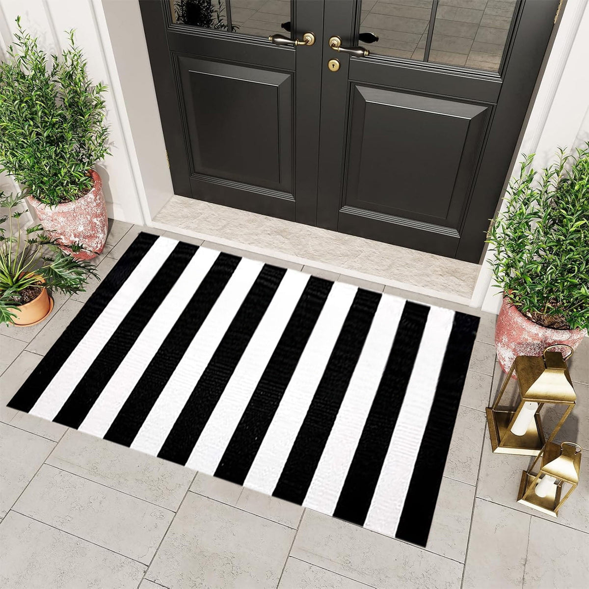 JOGZMZ Fall Outdoor Rug Halloween Rug Thanksgiving Decor Rug New Stripe Outdoor Rug Layered Doormats for Front Door Porch Farmhouses Entryway Patio Dark Color Rug 16×24 in