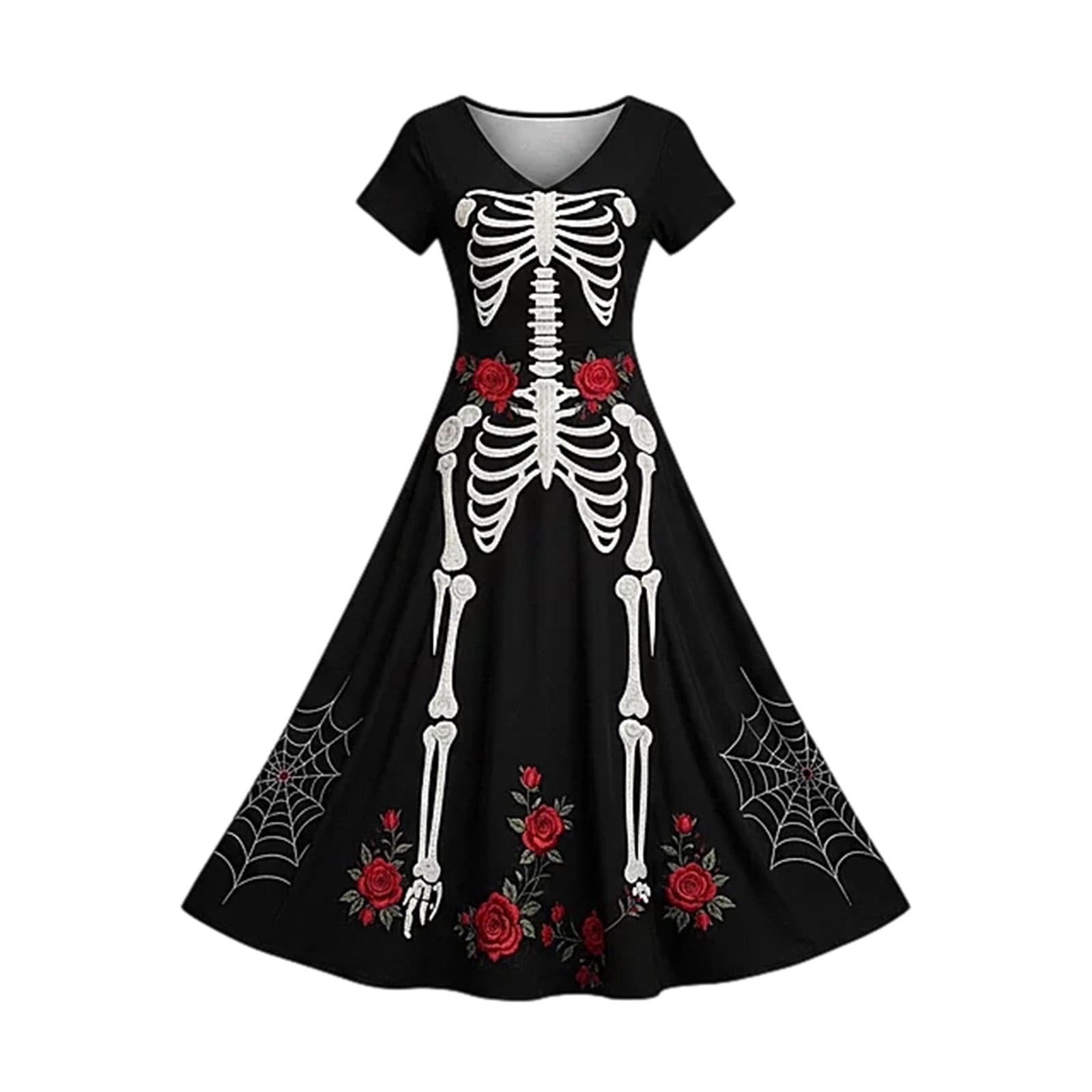 KICILVS Gothic Clothes For Women Black Spiderweb And Spider Print Flowing V Neck Long Maxi Dress Halloween Cosplay Gothic Party Dress