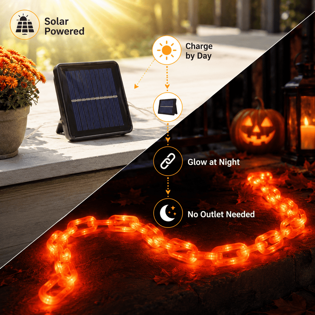 DAKIMOE Halloween Decoration Chain String Lights Orange Light Up Plastic Chain Decoration 10FT Long Glowing Link Chain for Haunted House Party Porch Yard Door Indoor Outdoor Halloween Decor