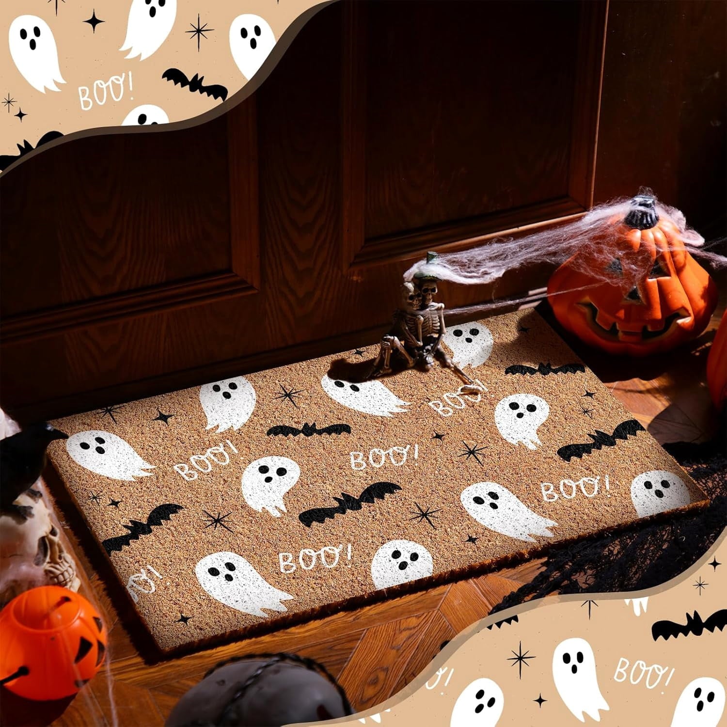 Jinswick Halloween Doormat Coir Ghost Welcome Doormat Funny Halloween Boo Bat Door Mat with Anti-Slip Rubber Non Slip Floor Mat for Indoor Front Door Entrance Decor, 16 x 24 Inch(Amusing)