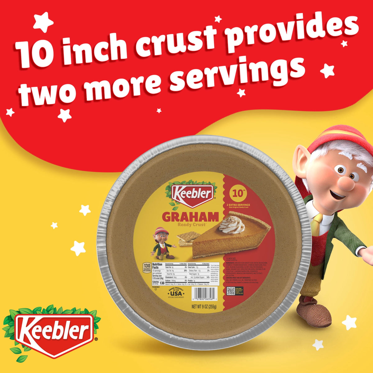 Keebler Ready Crust 10-Inch Graham Cracker Pie Crust, Premade Pie Crust For Baking And No-Bake, 9 oz