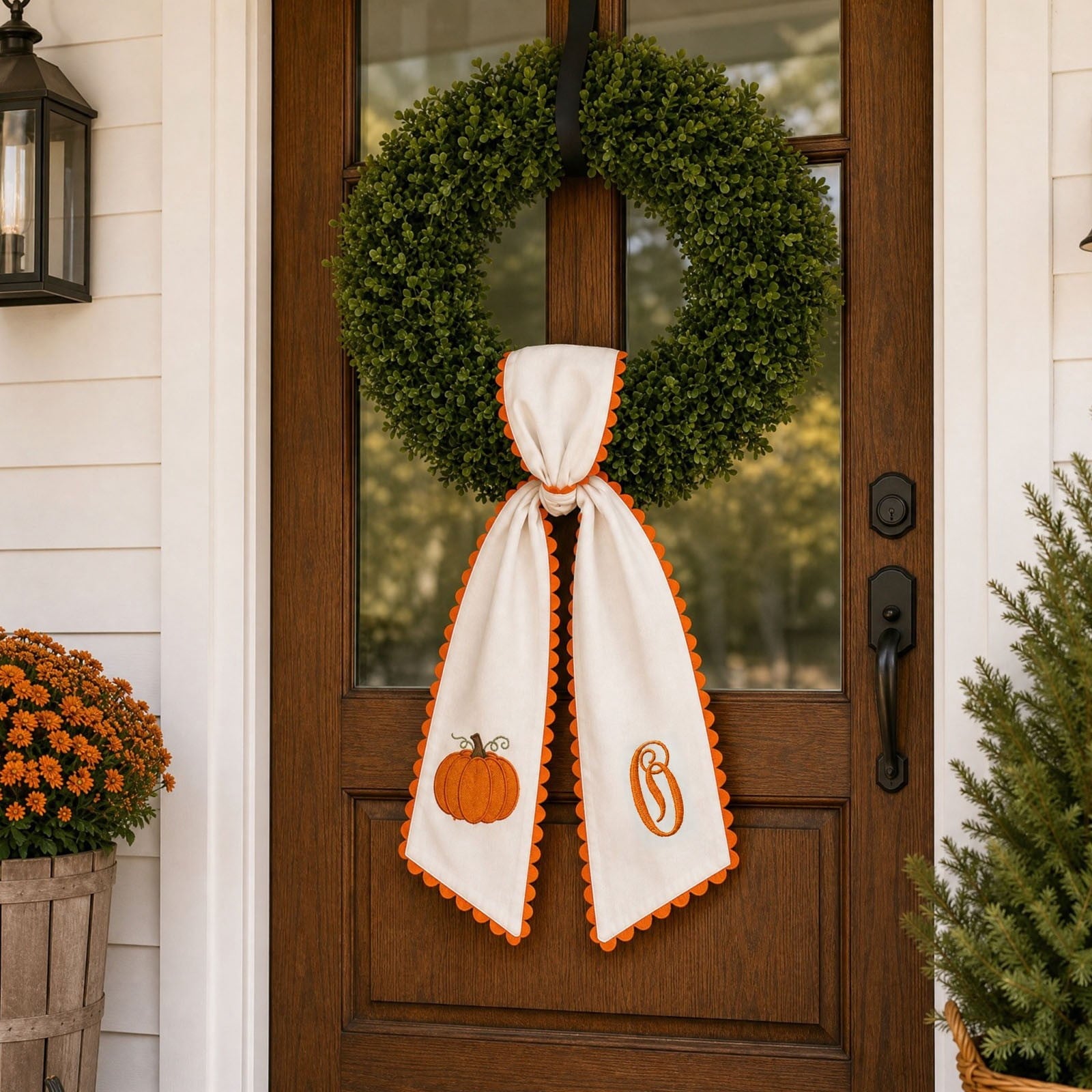 Pumpkin Embroidered Wreath Sash, 50 x 5 inch Orange Scalloped Lettered Ribbon for Halloween, Thanksgiving, Front Door, Seasonal Garland and Fall Home Decor, I