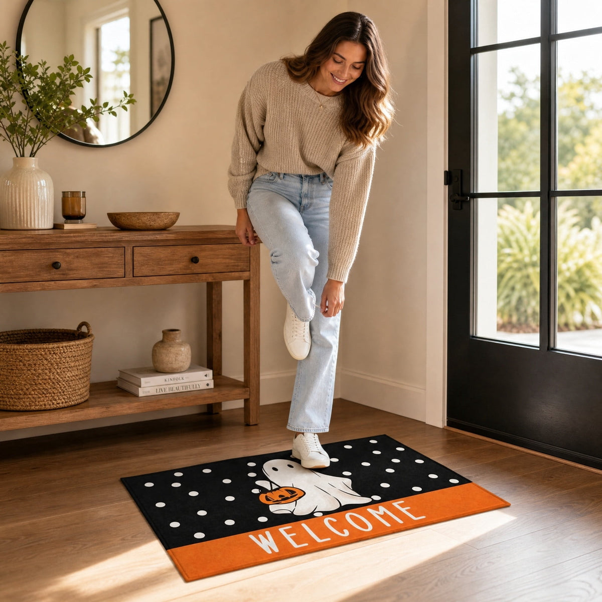 Halloween Ghost Door Mat, Cute Welcome Mat for Front Door Porch Entryway Haunted Outdoor Decor Spooky Decorative Entrance Doormat Non Slip Halloween Rug, 16" x 24"