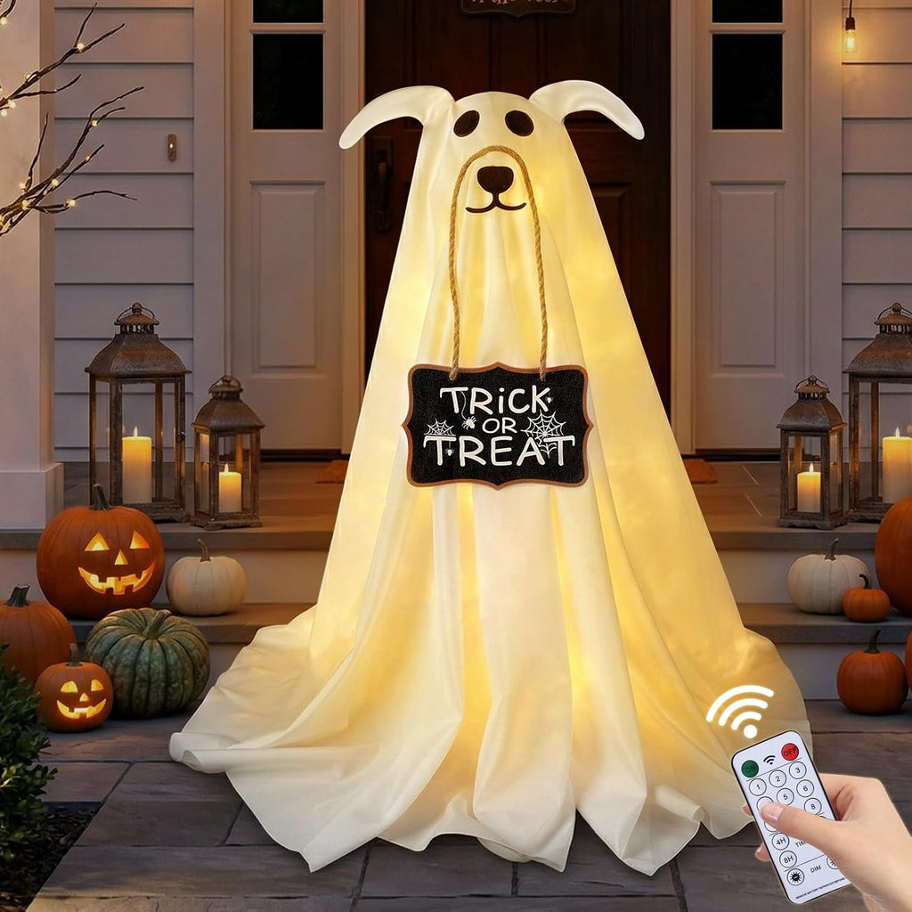Halloween Decorations, 2 Pack 2.3 FT Light-Up Spooky Ghost Dog with 2 Sign | Halloween Ghost Dog Decorations Outdoor, Halloween Decorations Indoor, Remote Control Ghost Decor for Porch Yard Lawn Home