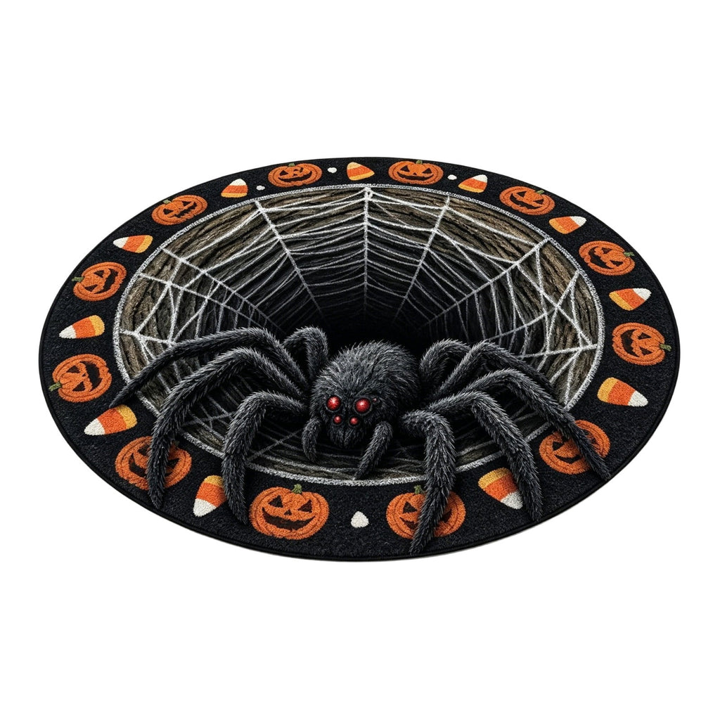 3D Optical Illusion Halloween Round Doormat,Vortex Tunnel Optical Illusion Printing Design,Giant Furry Red-Eyed Black Spider and White Spider Web,24"