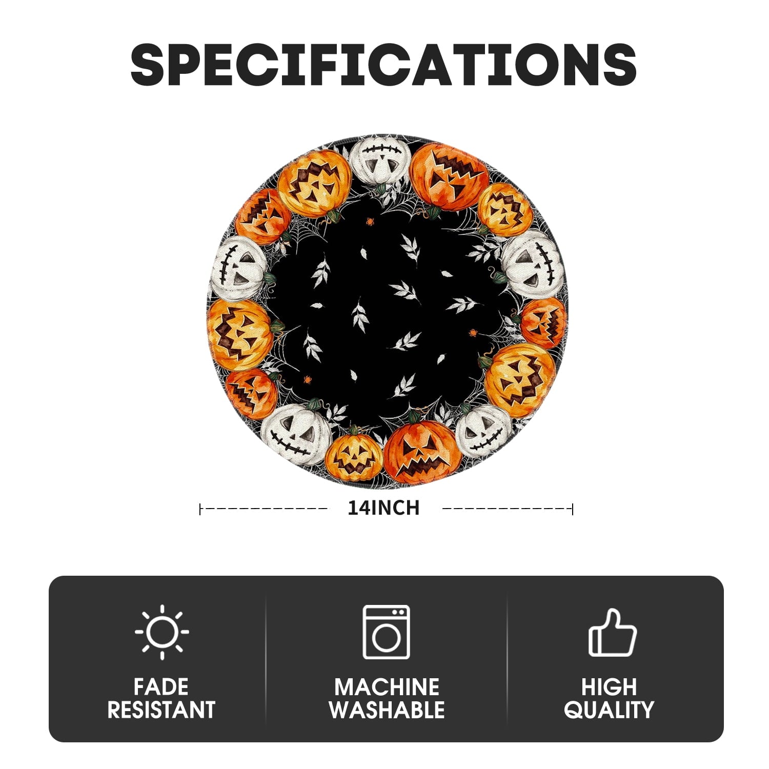 Smile Jack-O'-Lantern Spider Web Halloween Table Placemats Set of 4 Round 15 Inch Black