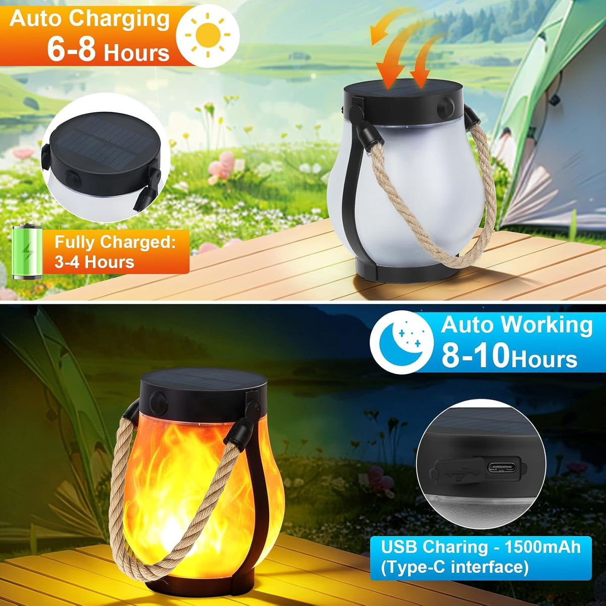 Gkcity Solar Lanterns Outdoor with Ultra-Real Flame, Dual Charging (USB/Solar) & 2 Modes - Waterproof Decorative Hanging/Table Lights for Yard Patio Garden Gift Halloween Easter Decoration, 1 Pack