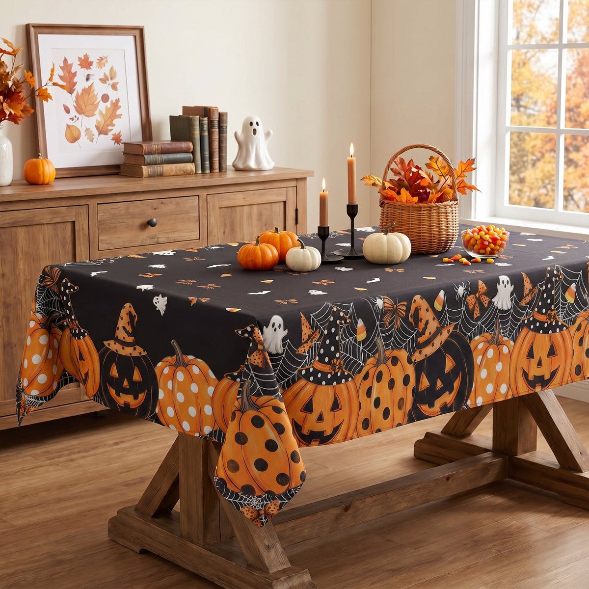 Sm:)e Spooky Ghost Pumpkin Spider Web Halloween Tablecloth 60x84 Inch, Wrinkle-Resistant & Machine Washable Table Cover for Dining Decor, Rectangle