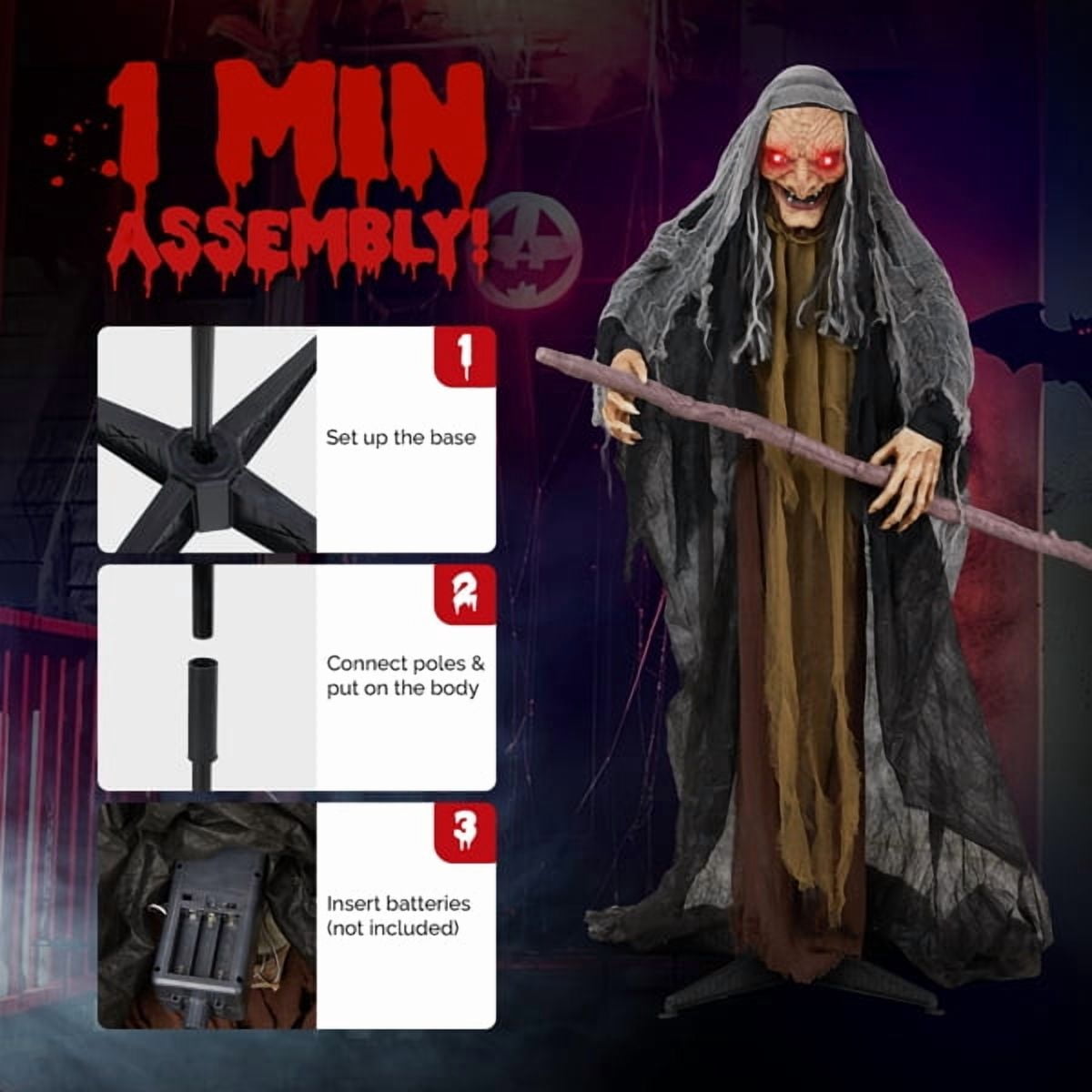 Alvantor Halloween Animated Decorations - 5.3 FT Sensor-Activated Animatronic Witch with Staff, LED Eyes and Swaying Motion