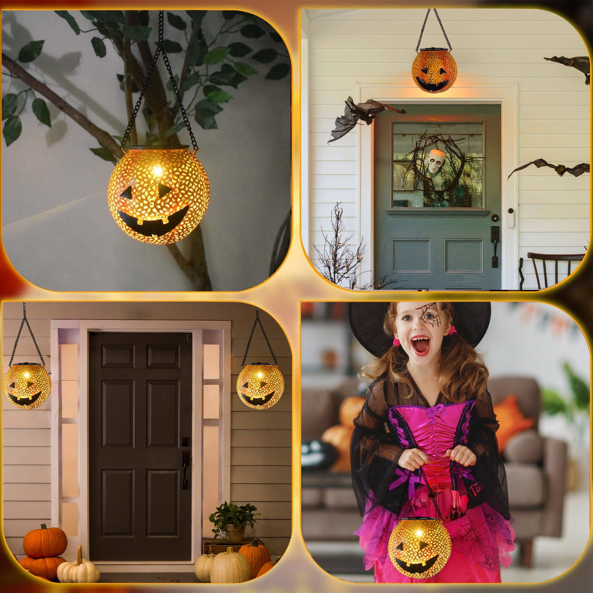 HHBEAUTY Metal Halloween Hanging Solar Lantern Outdoor Pumpkin Lanterns Portable Hanging Lights Decoration for LED Waterproof Solar Lantern Pumpkin for Backyard Garden Porch Tree Decor