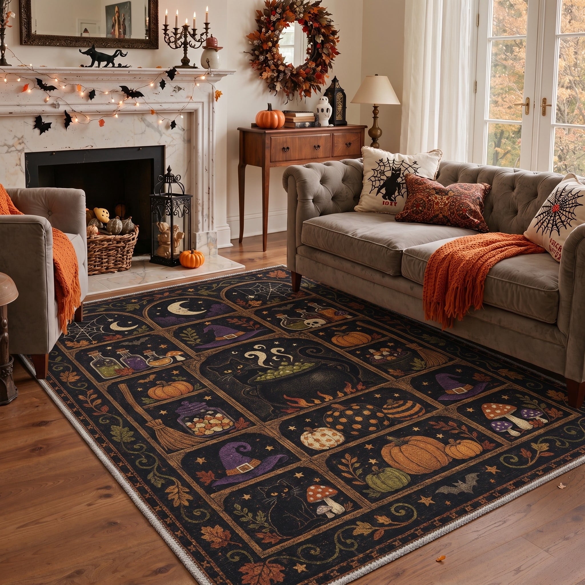 GENIMO 2'x7' Halloween Runner Rug, Washable Non Slip Soft Vintage Witch Indoor Outdoor Hallway Runner for Porch Patio Kitchen Entryway, Vintage Black