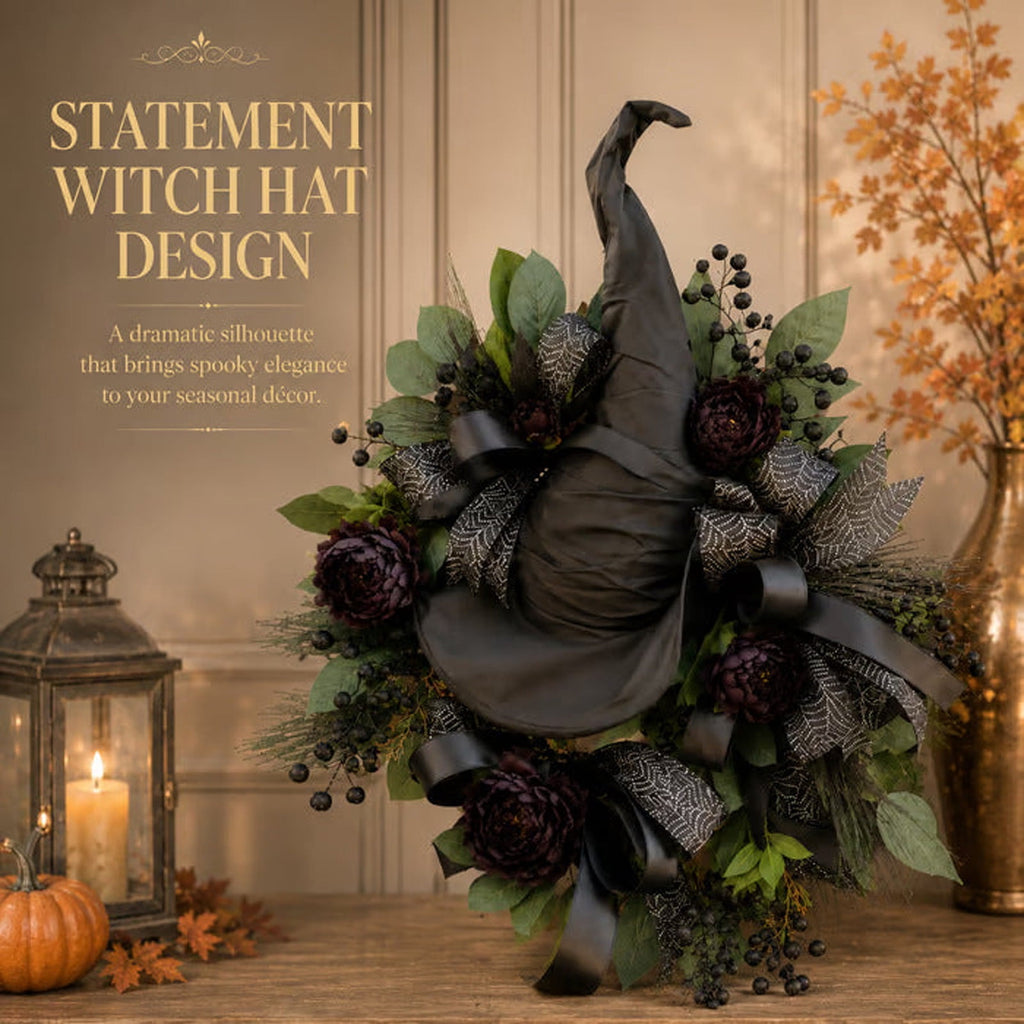 Luckky Black Rose Witch Hat Front Door Wreath,Elegant Spooky Halloween Door Decor with Spider Web Ribbon,Creepy Stylish Wreath for Home Accent,Gothic Themed Party & Indoor Room