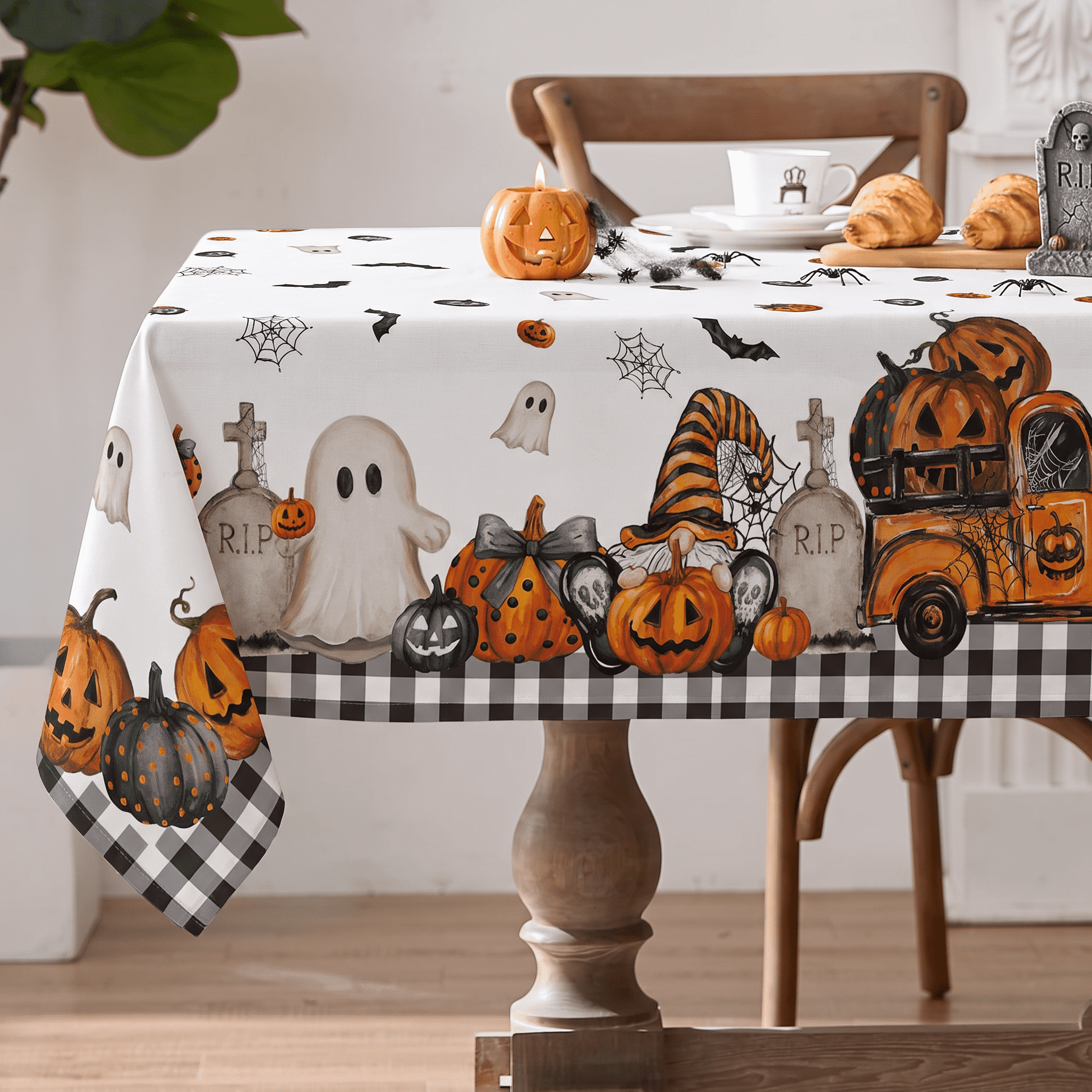 Sm:)e Truck Jack O Lantern Pumpkin Bat Buffalo Plaid Halloween Tablecloth 60 x 84 Inch, Wrinkle-Resistant Table Cover for Dining Decor, Rectangle