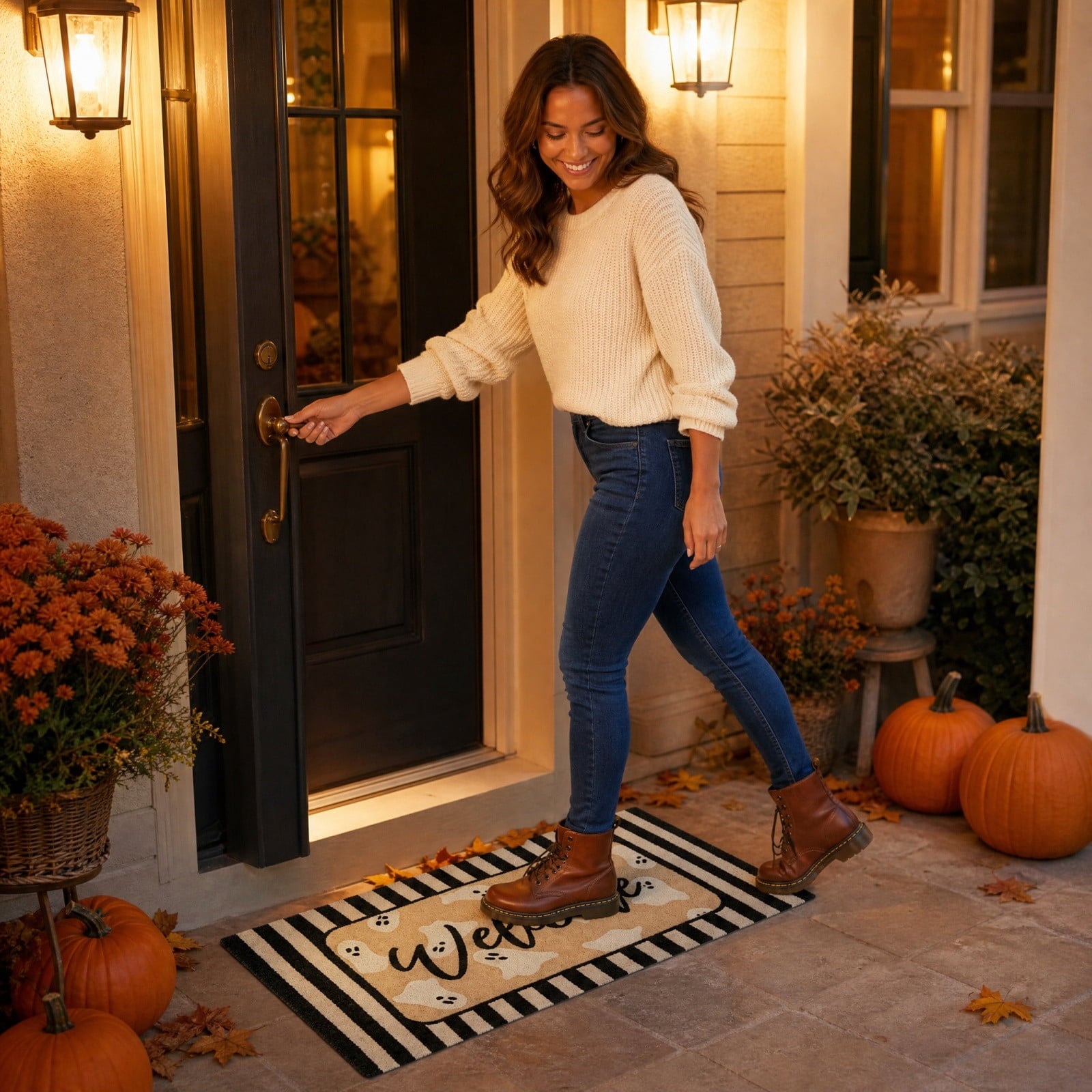 QuanTara Halloween Ghost Welcome Doormat, 31.5" x 15.75" Non-Slip Entryway Rug, Cute Spooky Ghost Print with Striped Border, Soft Faux Velvet Front Door Mat for Fall Home Decor, Porch & Indoor Use