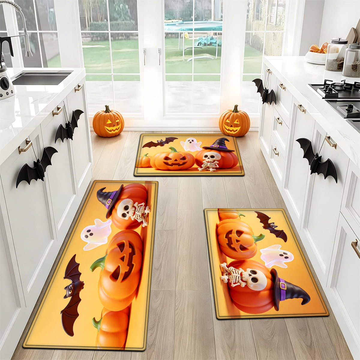 YIMEIS Halloween Neon Pumpkin Lanterns 3Pcs Flannel Mat & Kitchen Rugs Set,Soft Non-slip,16''×24'' 20''×30'' 17''×47'' Inches,for Entryway Bathroom