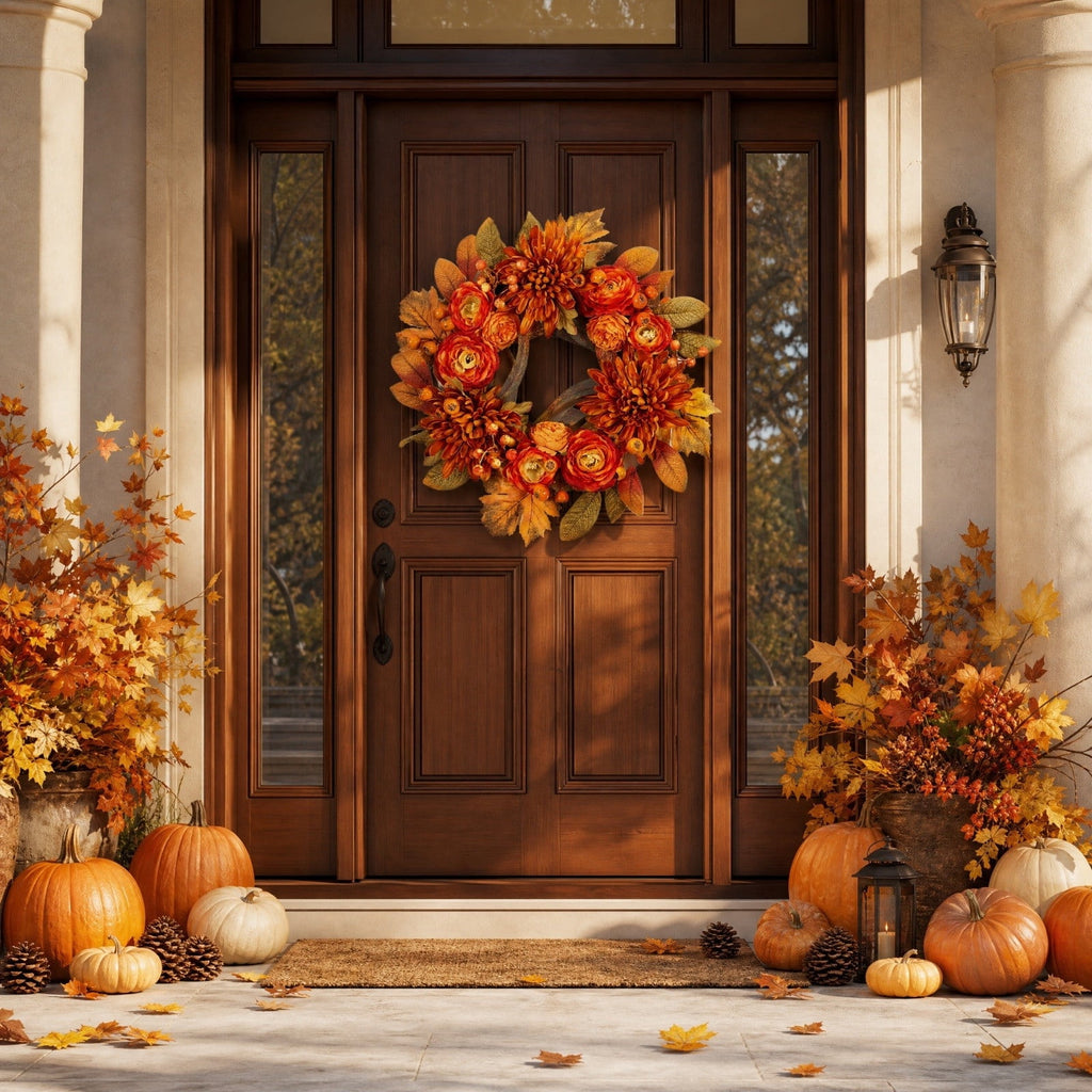 HOARBOEG Handmade Wrought Iron Maple Leaf Wreath, Thanksgiving Rudolph Fall Harvest Door Hanging, Orange Metal Autumn Wreath with Berries, Garden Wall Decor, 15.75 in